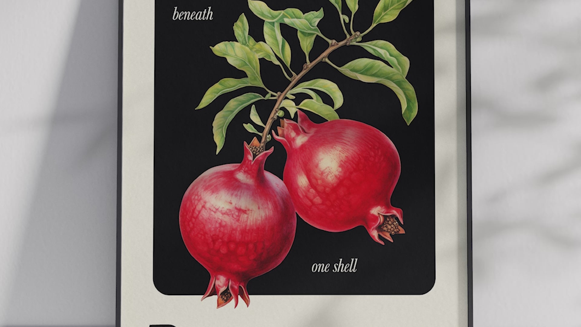 Minimalist botanical pomegranate poster featuring a detailed fruit illustration and an inspiring quote, printed on semi-gloss sustainable paper. Perfect wall art for kitchens, dining areas, or modern interiors with a warm and intriguing aesthetic.