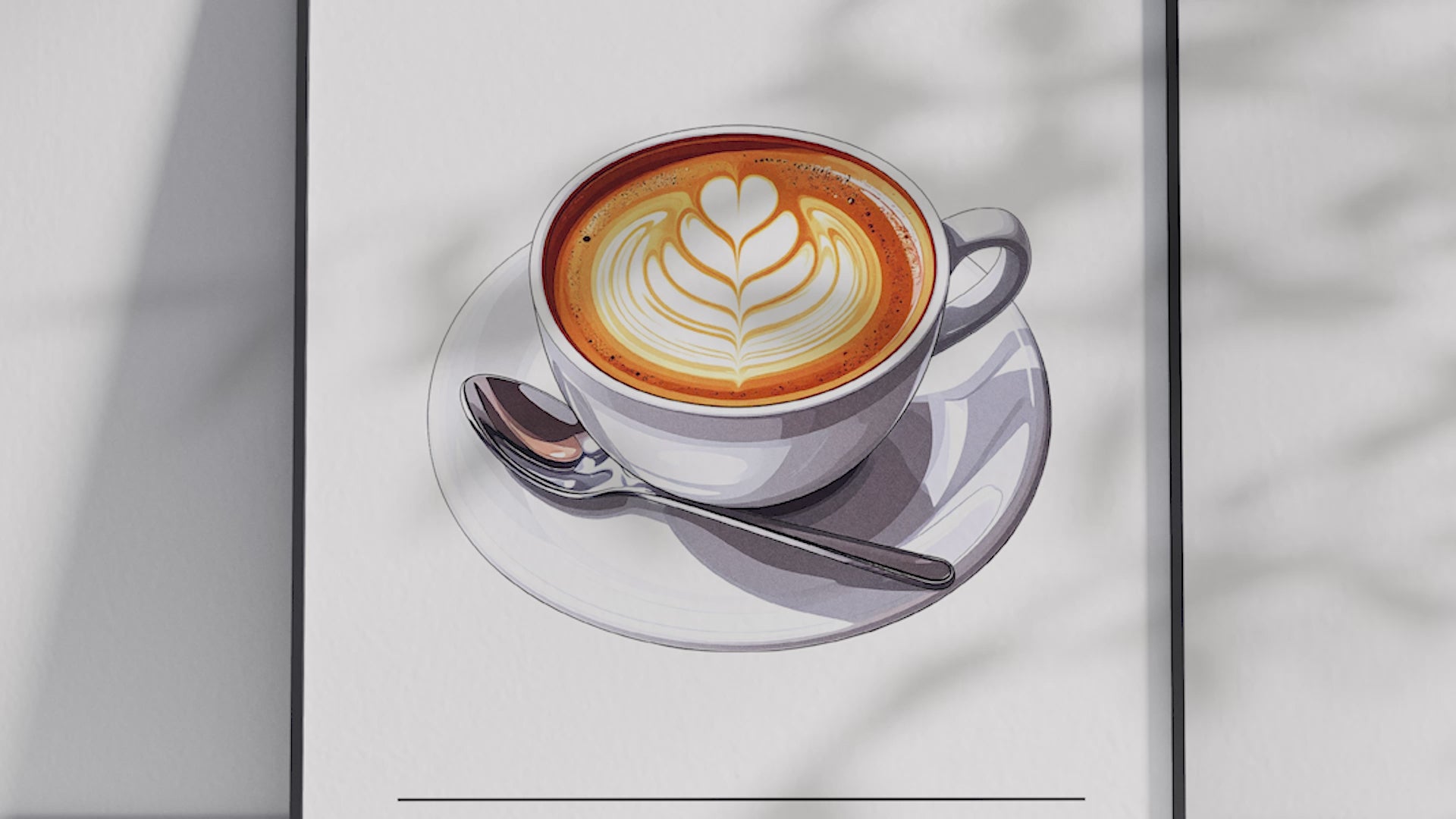 Minimalist Latte coffee art poster featuring a detailed illustration of the drink with latte art and its recipe, printed on semi-gloss sustainable paper. Perfect wall art for kitchens, coffee bars, or modern interiors with a warm and inviting aesthetic.
