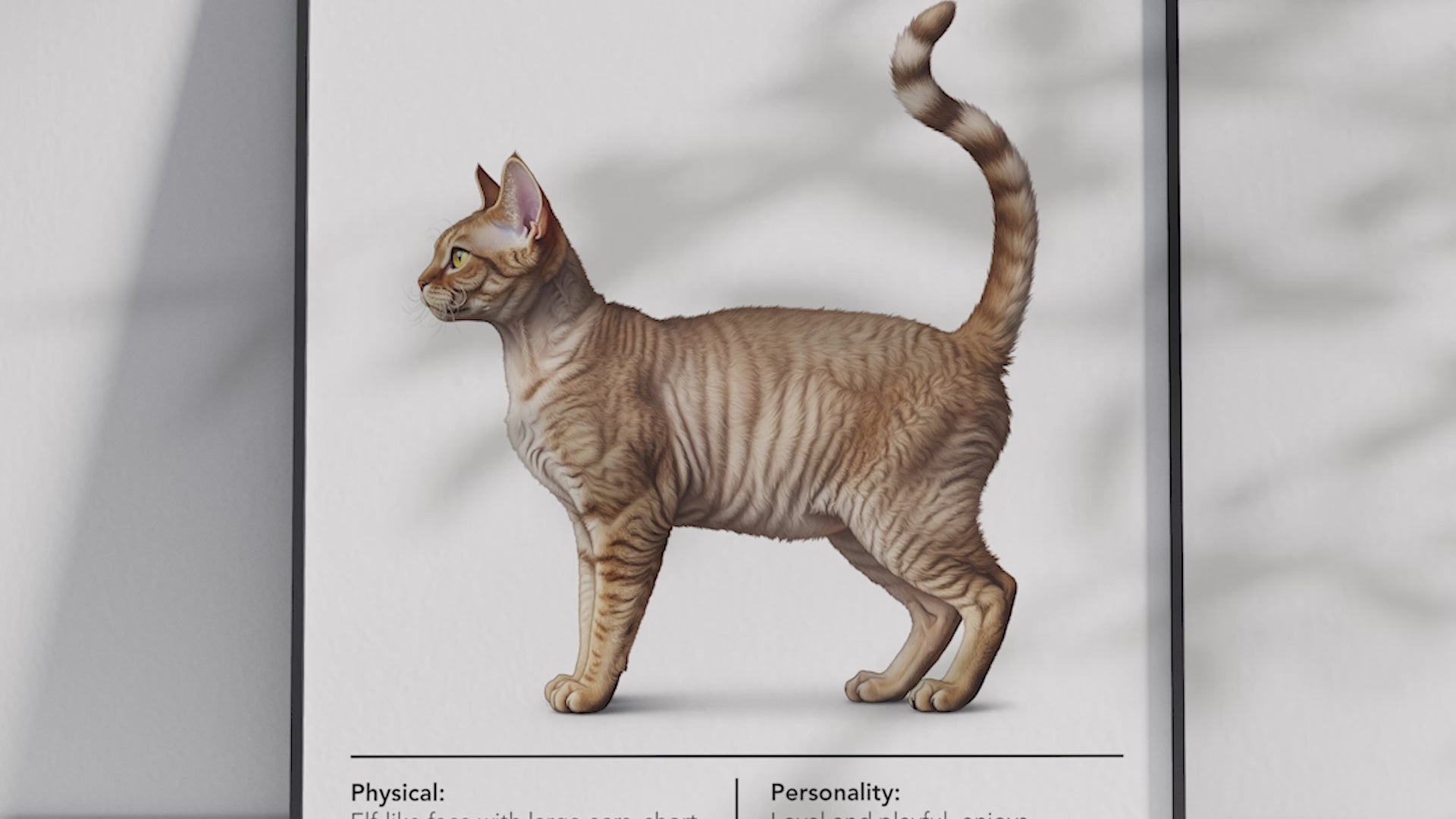 Charming Devon Rex cat breed poster featuring a detailed illustration of the cat with its distinctive wavy coat and elfin face, printed on semi-gloss sustainable paper. Perfect wall art for living rooms, studies, or modern interiors with a quirky and playful aesthetic.
