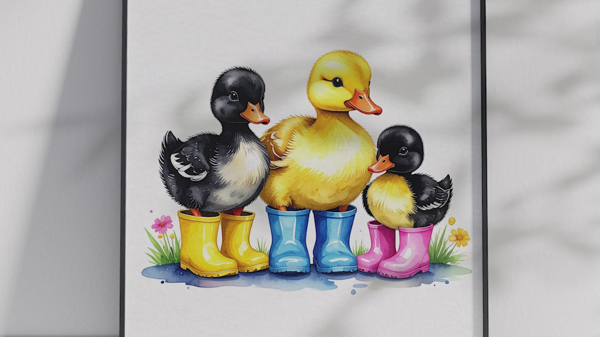 Charming watercolor art poster featuring three adorable ducklings in colorful rain boots (yellow, blue, pink) with subtle flowers, printed on semi-gloss sustainable paper. Perfect wall art for nurseries, children's rooms, or playrooms with a cute and whimsical aesthetic.