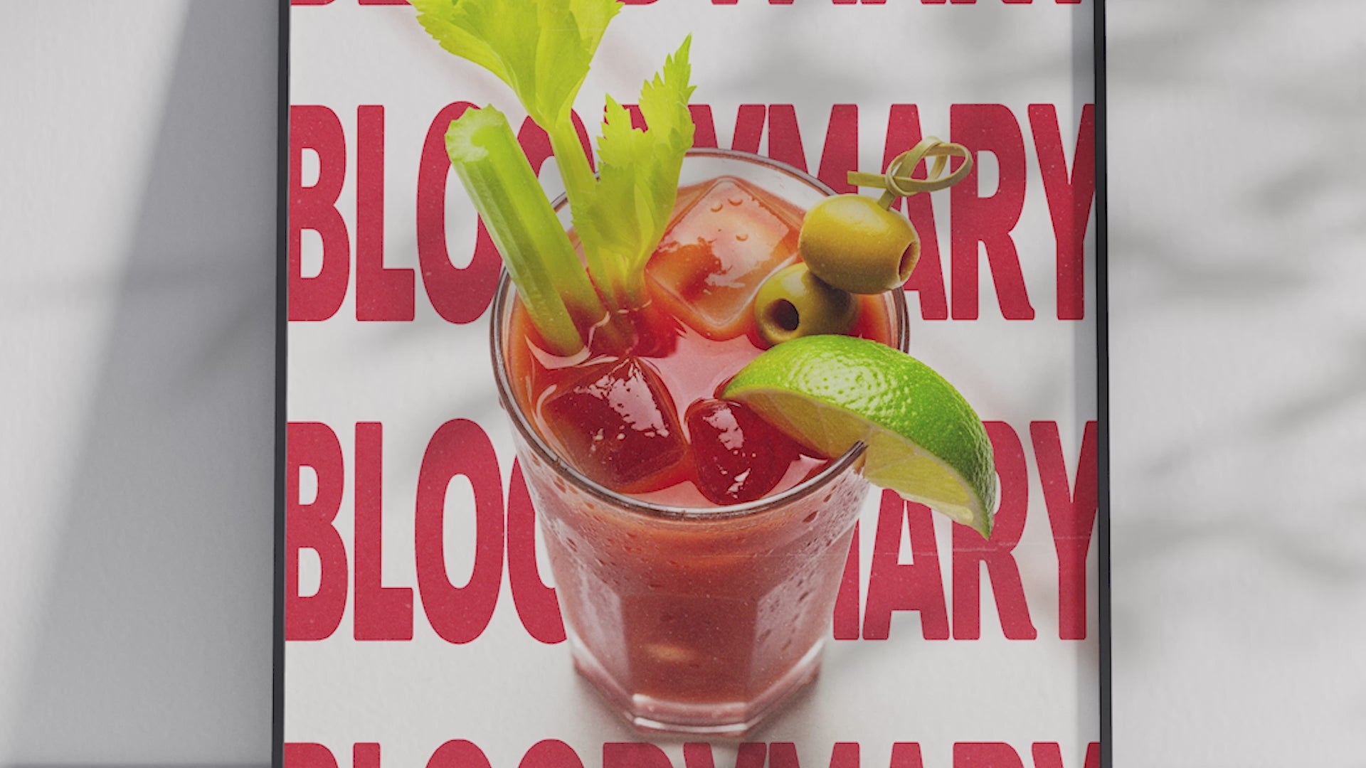 Striking Bloody Mary cocktail poster featuring bold typography and a savory drink illustration, printed on semi-gloss sustainable paper. Perfect wall art for kitchens, bar areas, or modern interiors with a robust and inviting aesthetic.