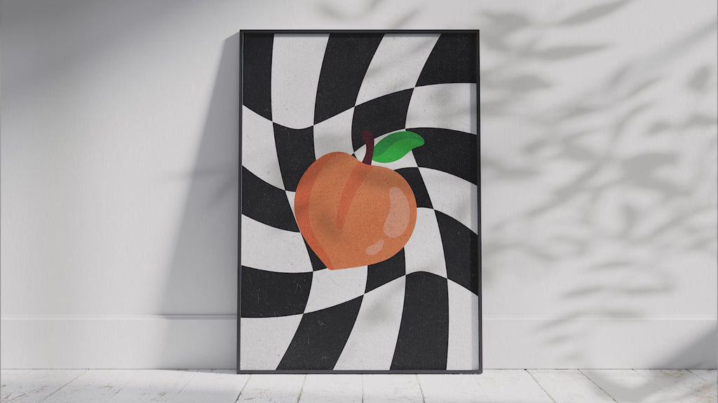 Collection of three Abstract Checkered Peach posters featuring vibrant fruit illustrations and modern checkerboard patterns for unique wall art.