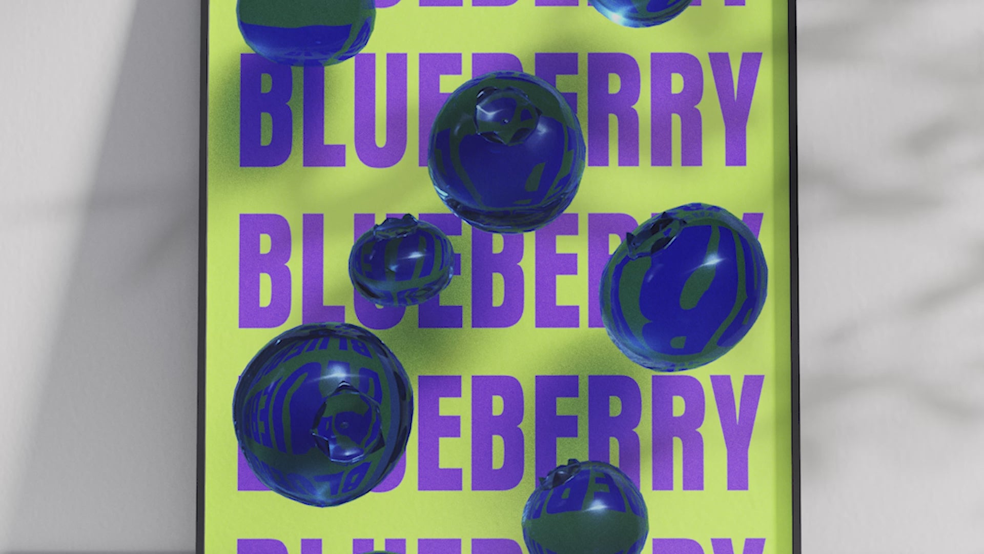 Bold pop art blueberry poster featuring glossy blue blueberries with a 3D glass effect on a vibrant neon yellow background, printed on semi-gloss sustainable paper. Perfect wall art for kitchens, dining areas, or modern interiors with a playful and energetic aesthetic.