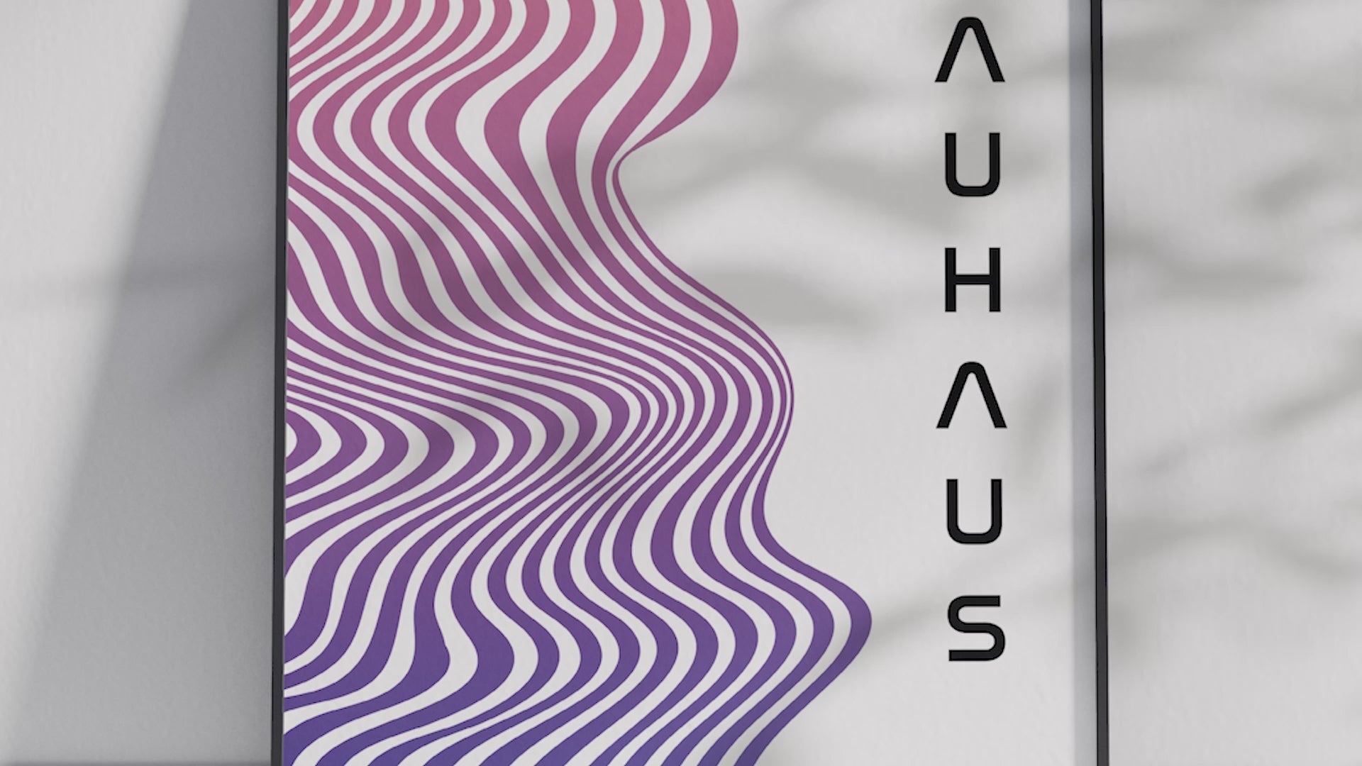 Modern Bauhaus wave poster featuring a vibrant pink and purple gradient wave pattern with vertical "BAUHAUS 1919" text, printed on semi-gloss sustainable paper. Perfect wall art for living rooms, offices, or contemporary interiors with a bold and artistic aesthetic.