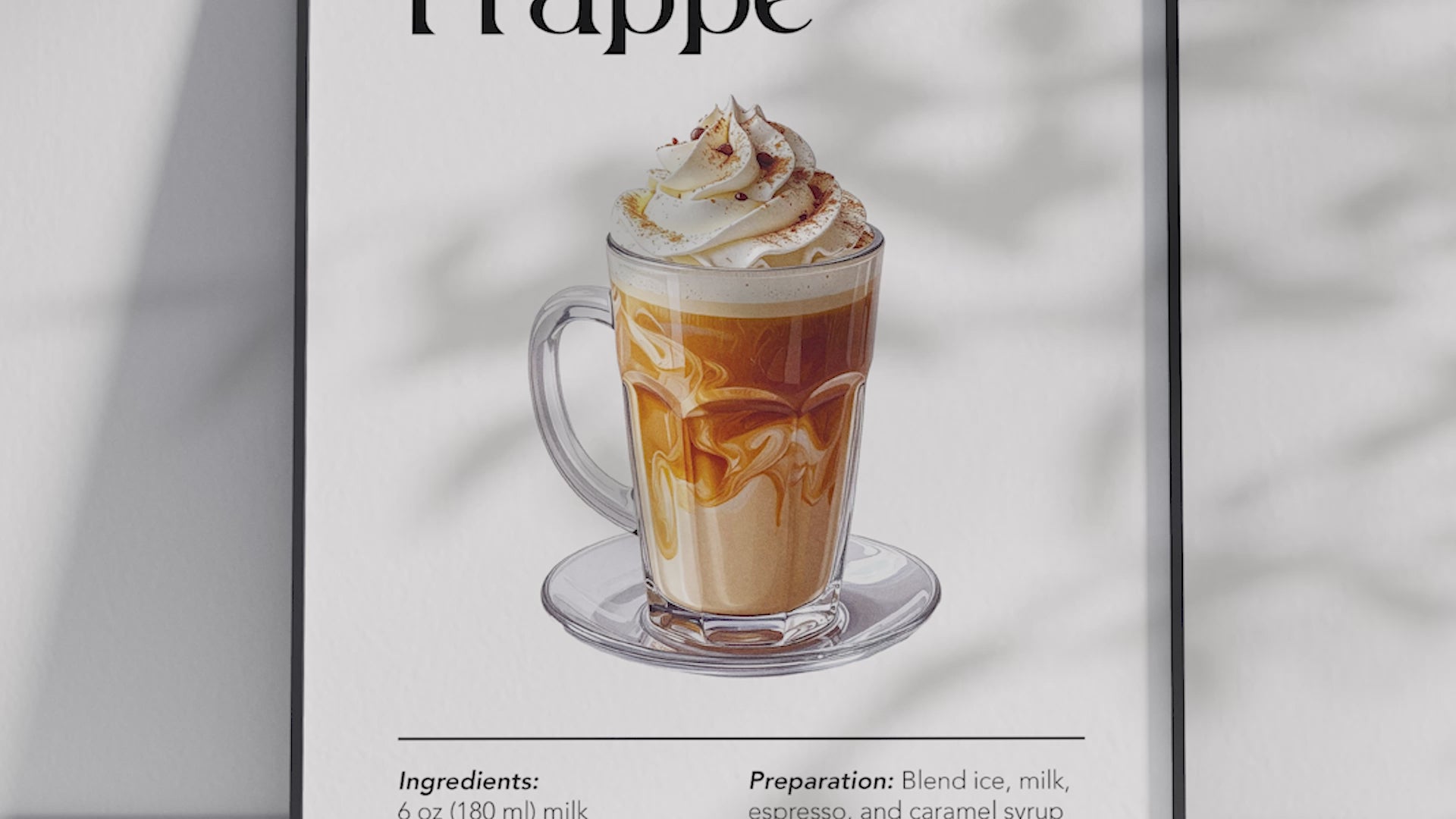 Minimalist caramel frappe coffee art poster featuring a detailed drink illustration with a recipe, printed on semi-gloss sustainable paper. Perfect wall art for kitchens, coffee bars, or modern interiors with a warm and inviting aesthetic.