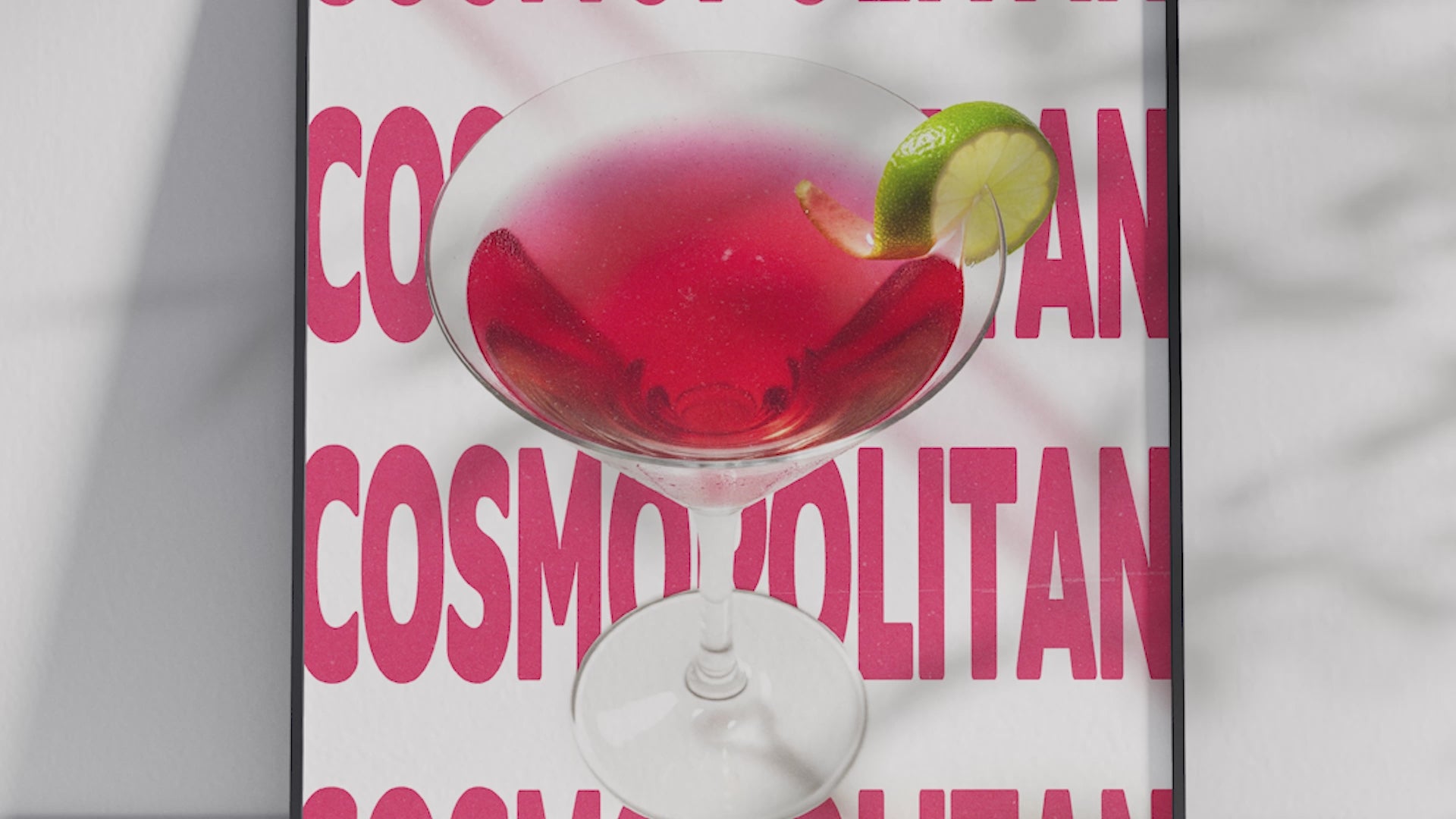 Elegant Cosmopolitan cocktail poster featuring sleek typography and a vibrant drink illustration, printed on semi-gloss sustainable paper. Perfect wall art for living rooms, bar areas, or modern interiors with a chic and sophisticated aesthetic.