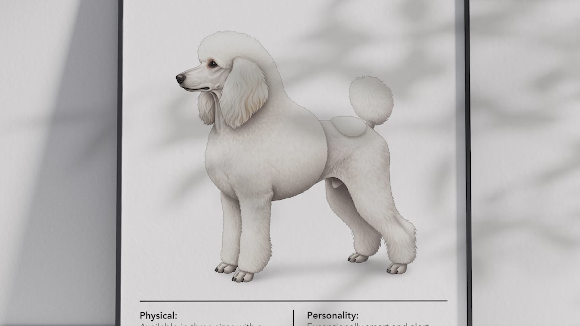 Detailed Poodle dog breed poster showcasing its distinctive curly coat and intelligent, dignified personality traits, printed on semi-gloss sustainable paper. Perfect wall art for living rooms, studies, or modern interiors with an elegant and sophisticated aesthetic.