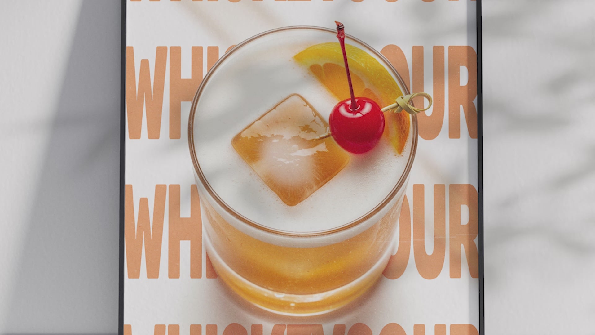 Classic Whiskey Sour cocktail poster featuring elegant typography and a vibrant drink illustration, printed on semi-gloss sustainable paper. Perfect wall art for kitchens, bar areas, or modern interiors with a zesty and sophisticated aesthetic.