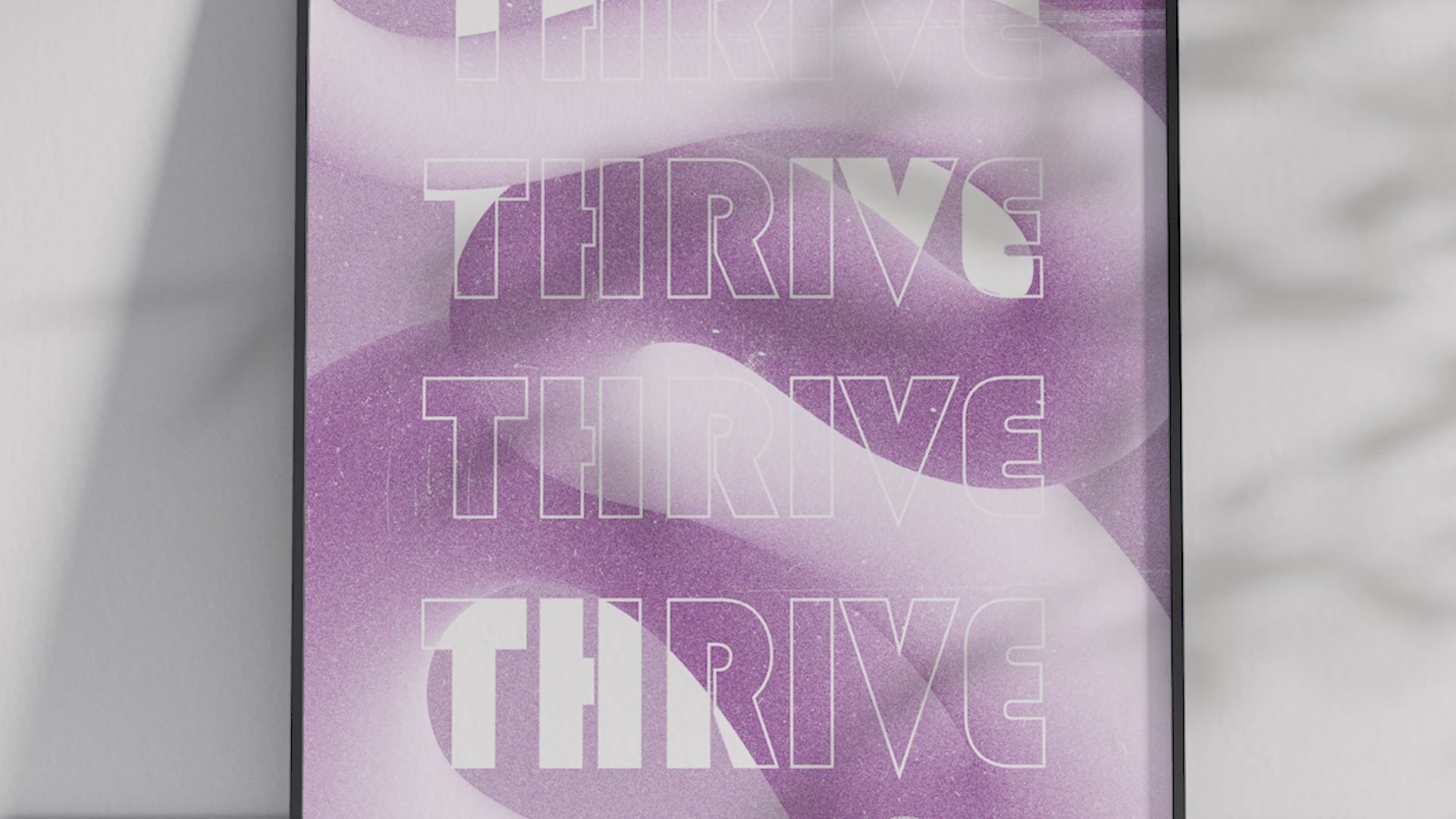 Inspiring "Thrive" abstract art poster featuring stylized white text on a flowing purple and white background, printed on semi-gloss sustainable paper. Perfect wall art for offices, bedrooms, or modern interiors with a motivational and empowering aesthetic.