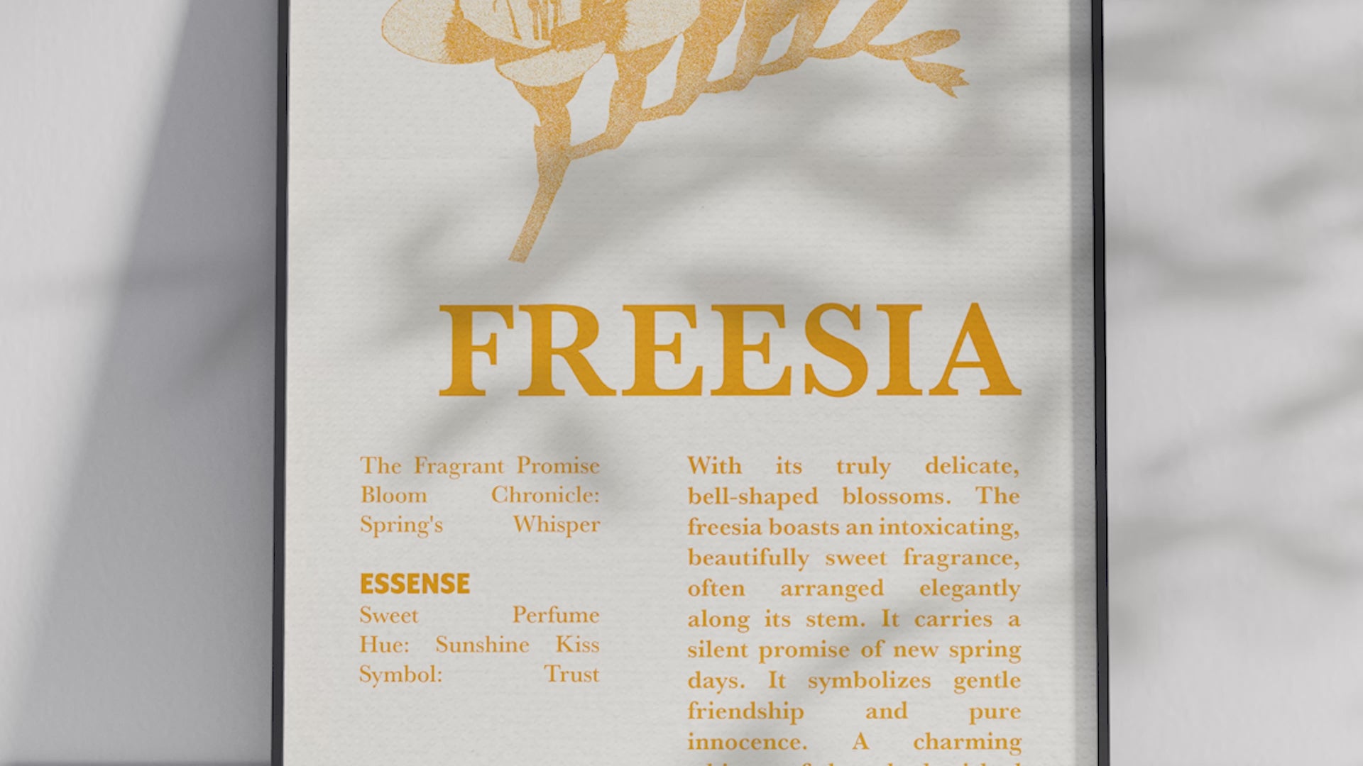 Vintage botanical freesia poster featuring a detailed flower illustration in cheerful yellow tones, printed on semi-gloss sustainable paper. Perfect wall art for living rooms, hallways, or modern interiors with a loving and natural aesthetic.