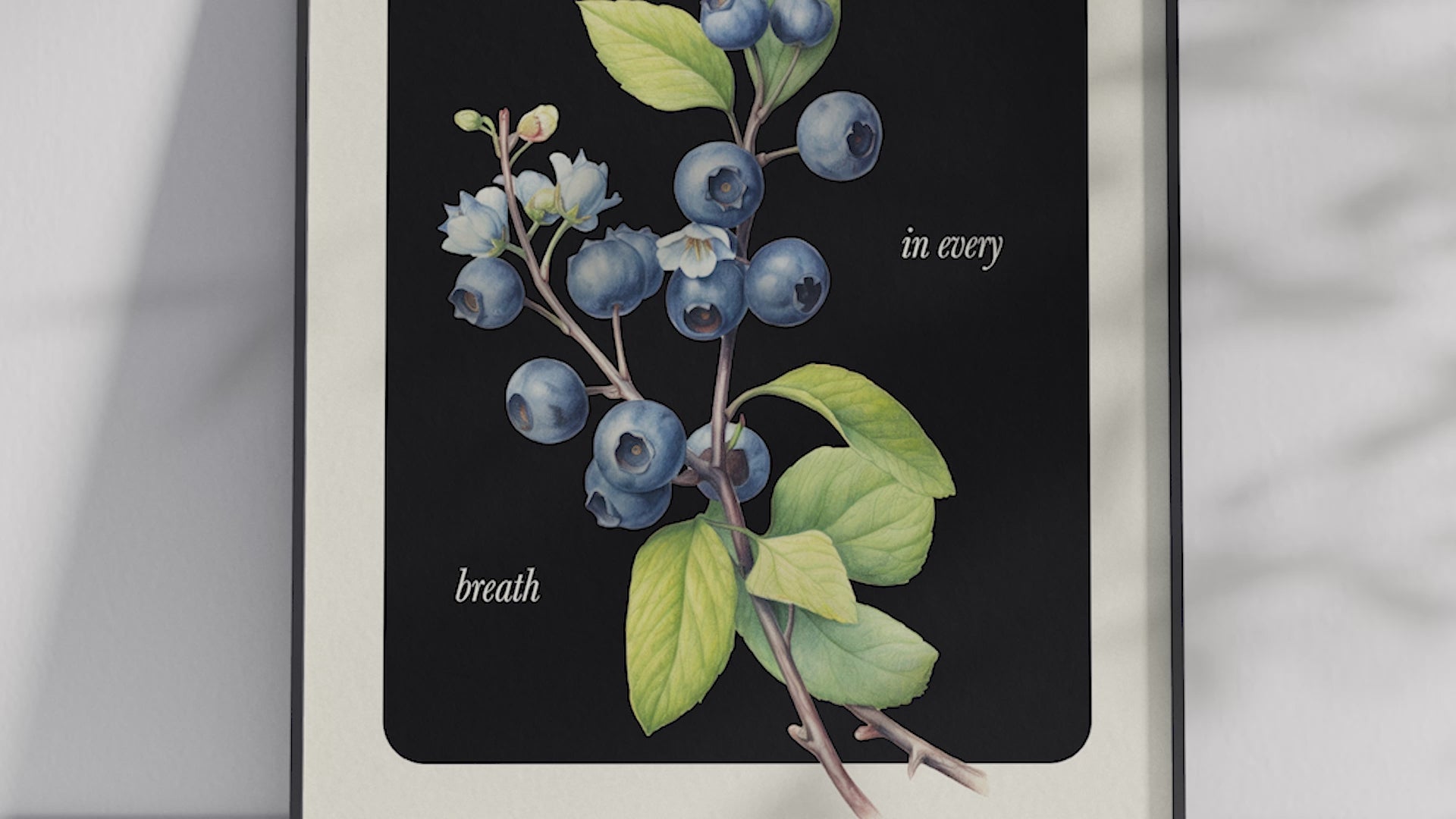 Minimalist botanical blueberry poster featuring a detailed fruit illustration in soft tones, printed on semi-gloss sustainable paper. Perfect wall art for kitchens, dining areas, or modern interiors with a calm and natural aesthetic.