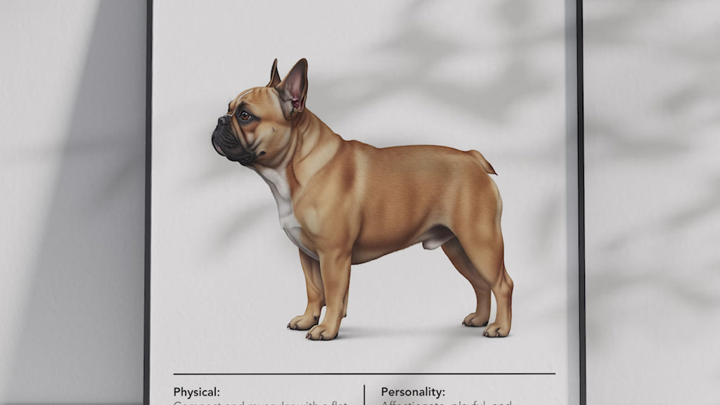 Detailed French Bulldog dog breed poster showcasing its unique features and charming, playful personality traits, printed on semi-gloss sustainable paper. Perfect wall art for living rooms, apartments, or modern interiors with a quirky and affectionate aesthetic.