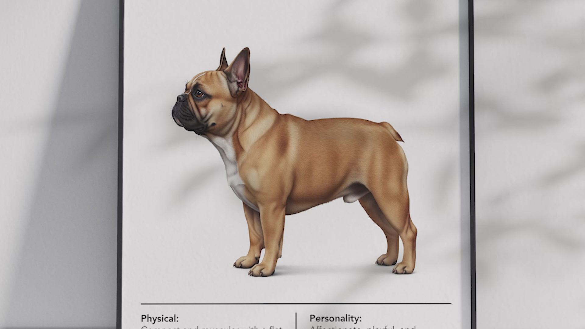 Detailed French Bulldog dog breed poster showcasing its unique features and charming, playful personality traits, printed on semi-gloss sustainable paper. Perfect wall art for living rooms, apartments, or modern interiors with a quirky and affectionate aesthetic.