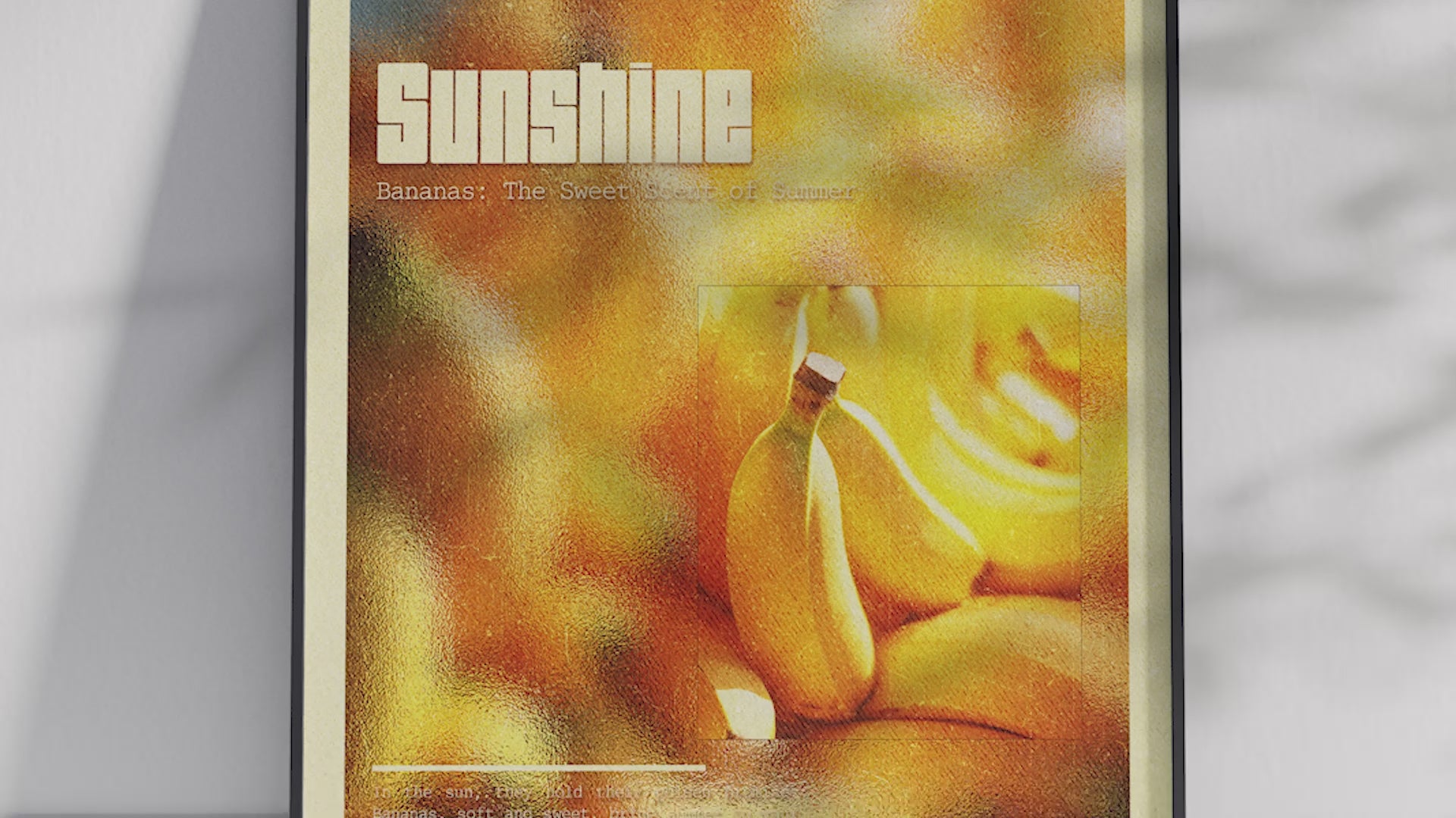 Minimalist yet vibrant retro banana poster featuring the word 'SUNSHINE' and a grainy, warm yellow texture. Perfect wall art for kitchens, dining areas, or modern interiors with a positive, mid-century aesthetic.