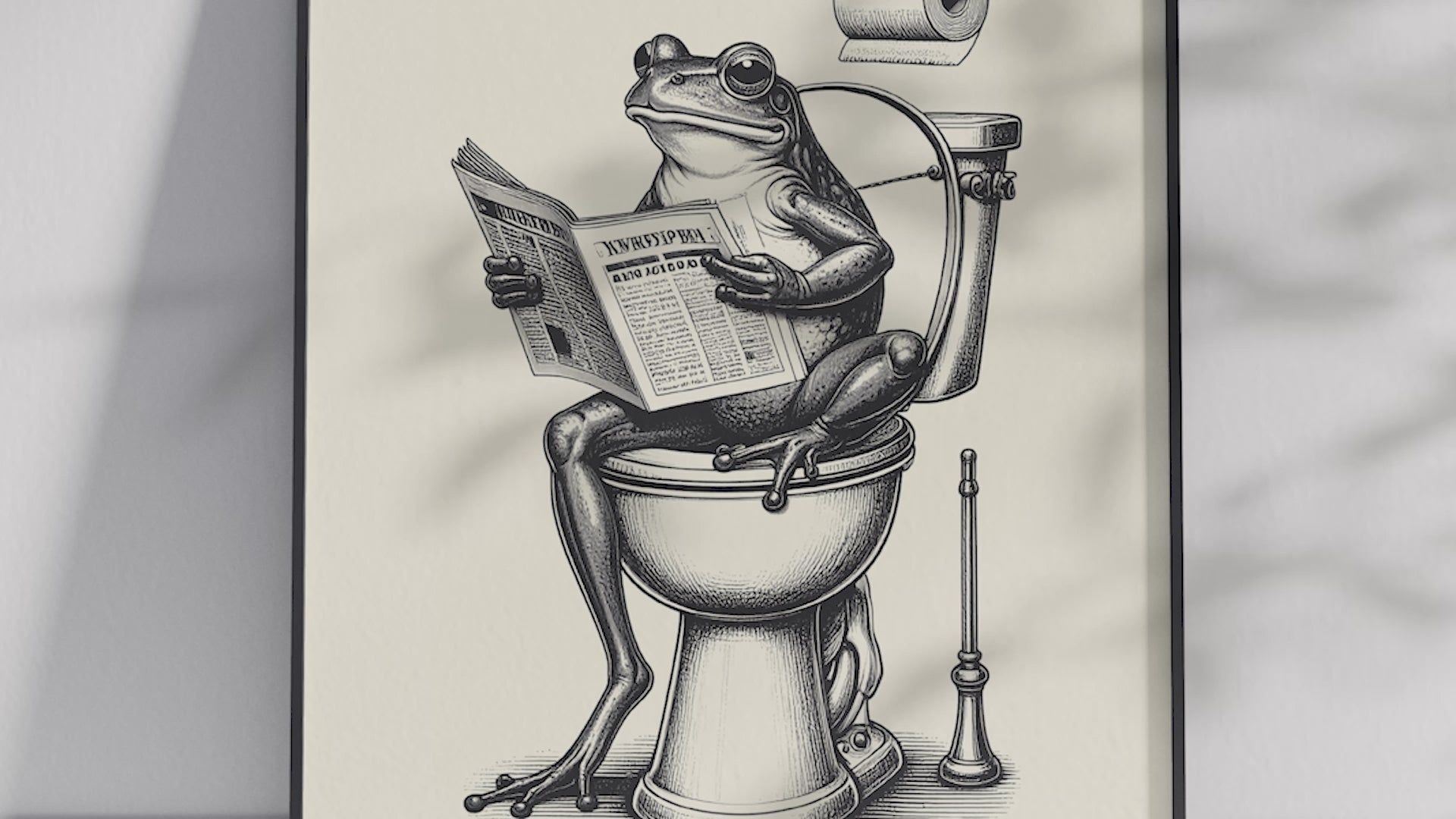 Charming black and white art poster featuring a frog sitting on a toilet reading a newspaper, printed on semi-gloss sustainable paper. Perfect humorous wall art for bathrooms, powder rooms, or unique home decor with a quirky and vintage aesthetic.