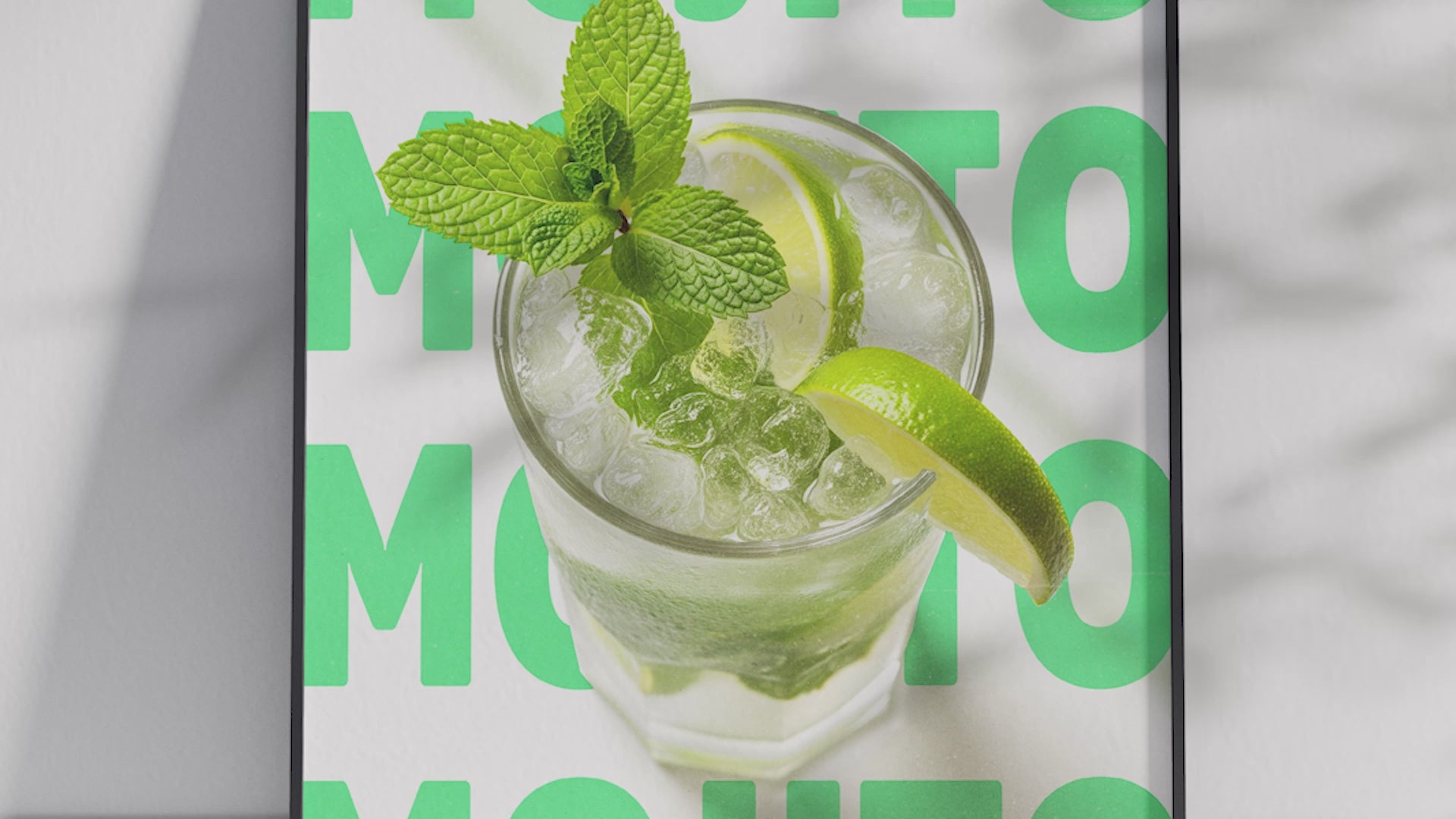 Classic Mojito cocktail poster featuring lively typography and a refreshing drink illustration, printed on semi-gloss sustainable paper. Perfect wall art for kitchens, bar areas, or modern interiors with a fresh and vibrant aesthetic.