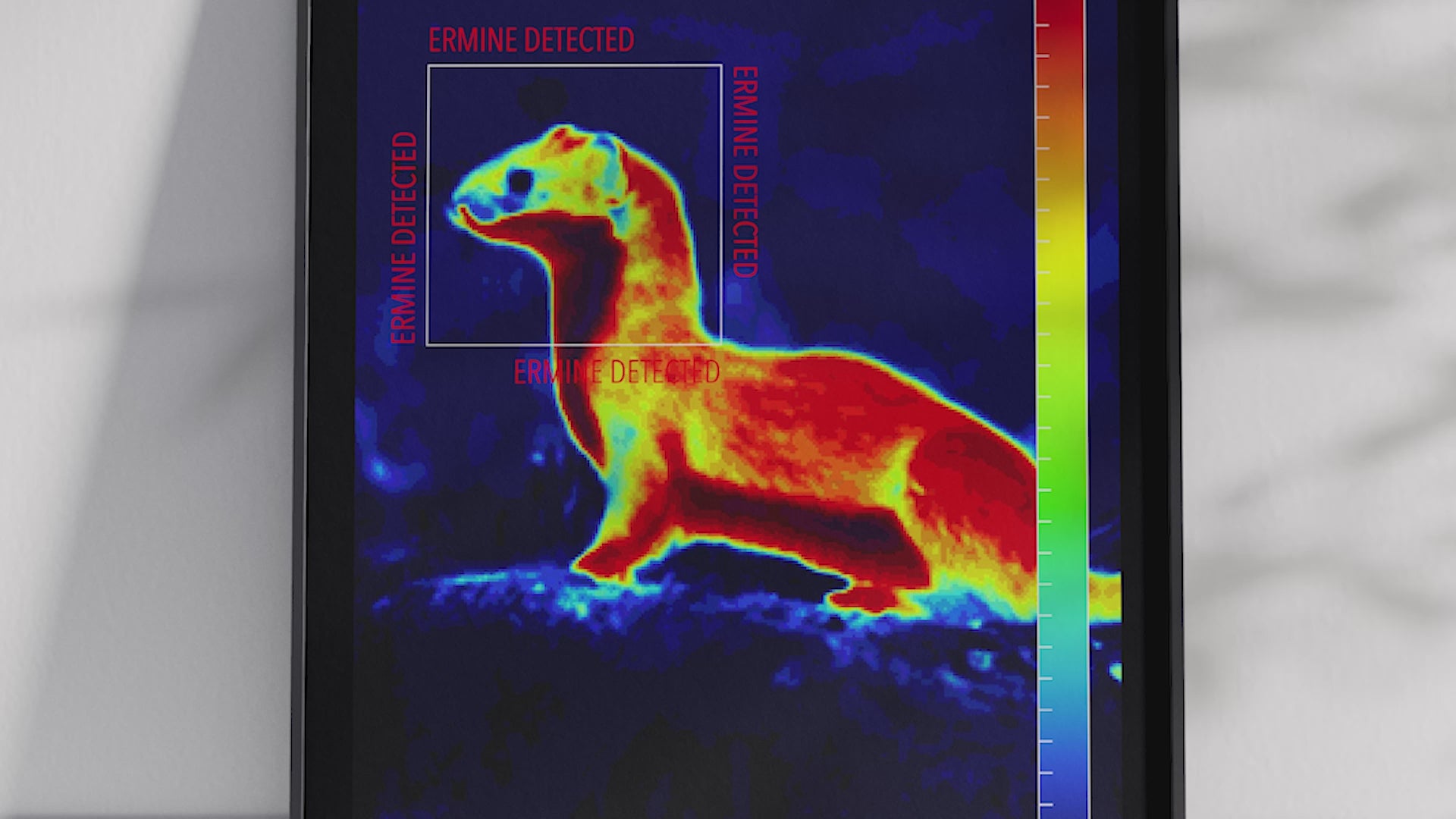 Modern infrared ermine poster featuring a winter ermine in vivid thermal colors, printed on semi-gloss paper. Perfect wall art for science enthusiasts, modern homes, or gallery walls with a unique, wildlife aesthetic.