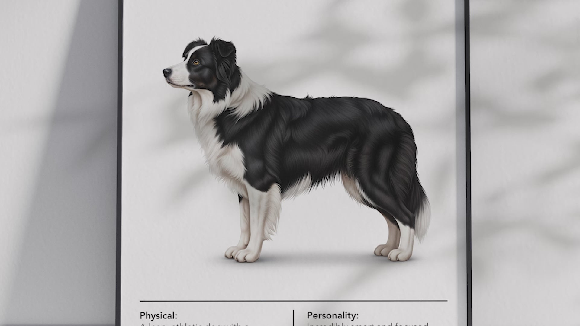 Detailed Border Collie dog breed poster showcasing its intelligent expression and active personality traits, printed on semi-gloss sustainable paper. Perfect wall art for studies, living rooms, or modern interiors with a smart and devoted aesthetic.