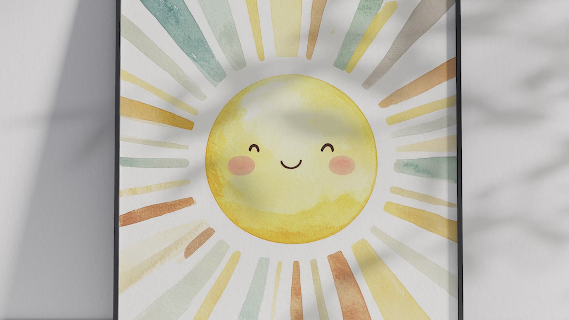 Cheerful watercolor smiling sun poster with radiating colorful rays in soft yellow, orange, and teal tones, printed on semi-gloss sustainable paper. Perfect wall art for nurseries, kids' rooms, or modern interiors with a bright and joyful aesthetic.