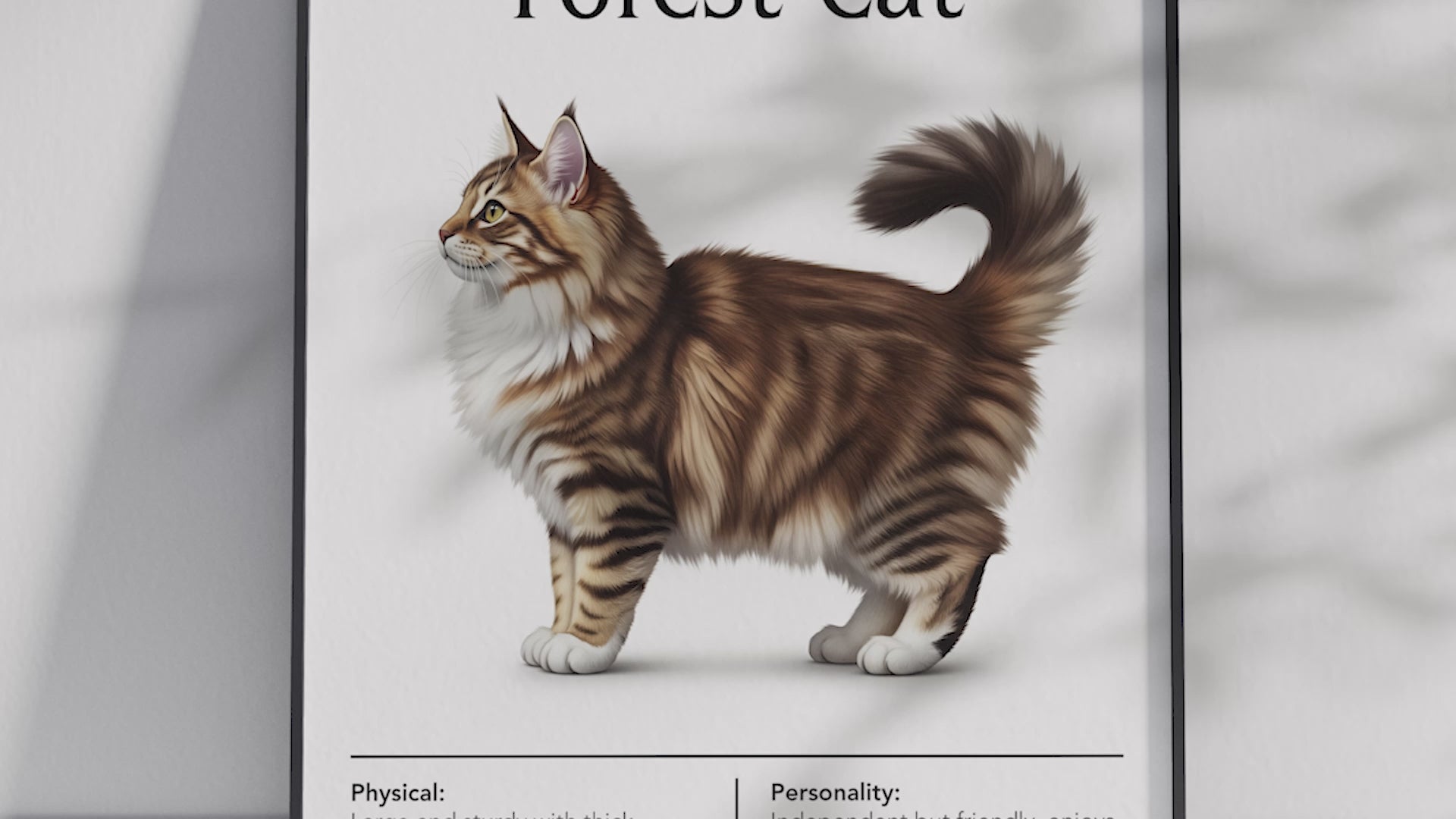 Majestic Norwegian Forest Cat breed poster featuring a detailed illustration of its lush coat and bushy tail, printed on semi-gloss sustainable paper. Perfect wall art for cozy living rooms, studies, or natural-themed interiors with a rustic and adventurous aesthetic.