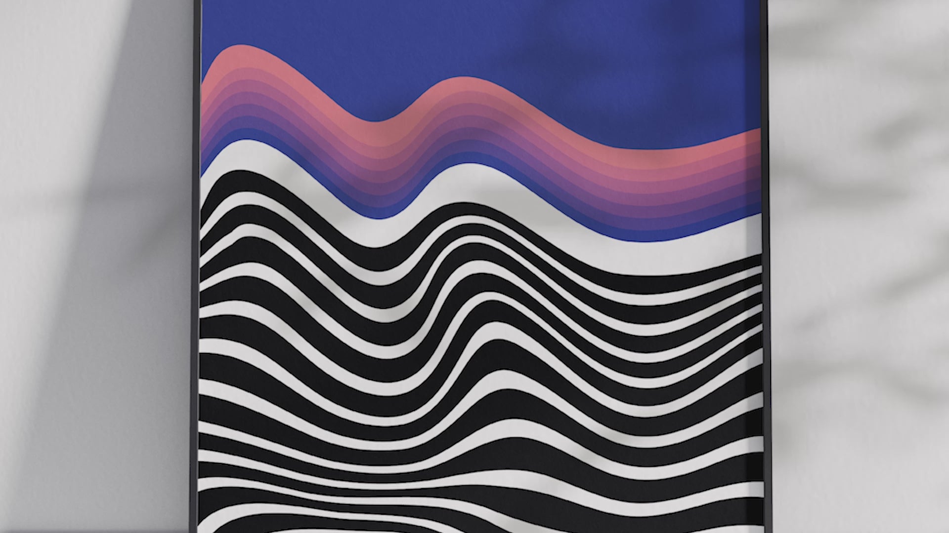 Modern Bauhaus abstract wave poster featuring black and white undulating lines and an orange and blue wave, with "BAUHAUS 1919" typography, printed on semi-gloss sustainable paper. Perfect wall art for living rooms, offices, or contemporary interiors with a bold and artistic aesthetic.