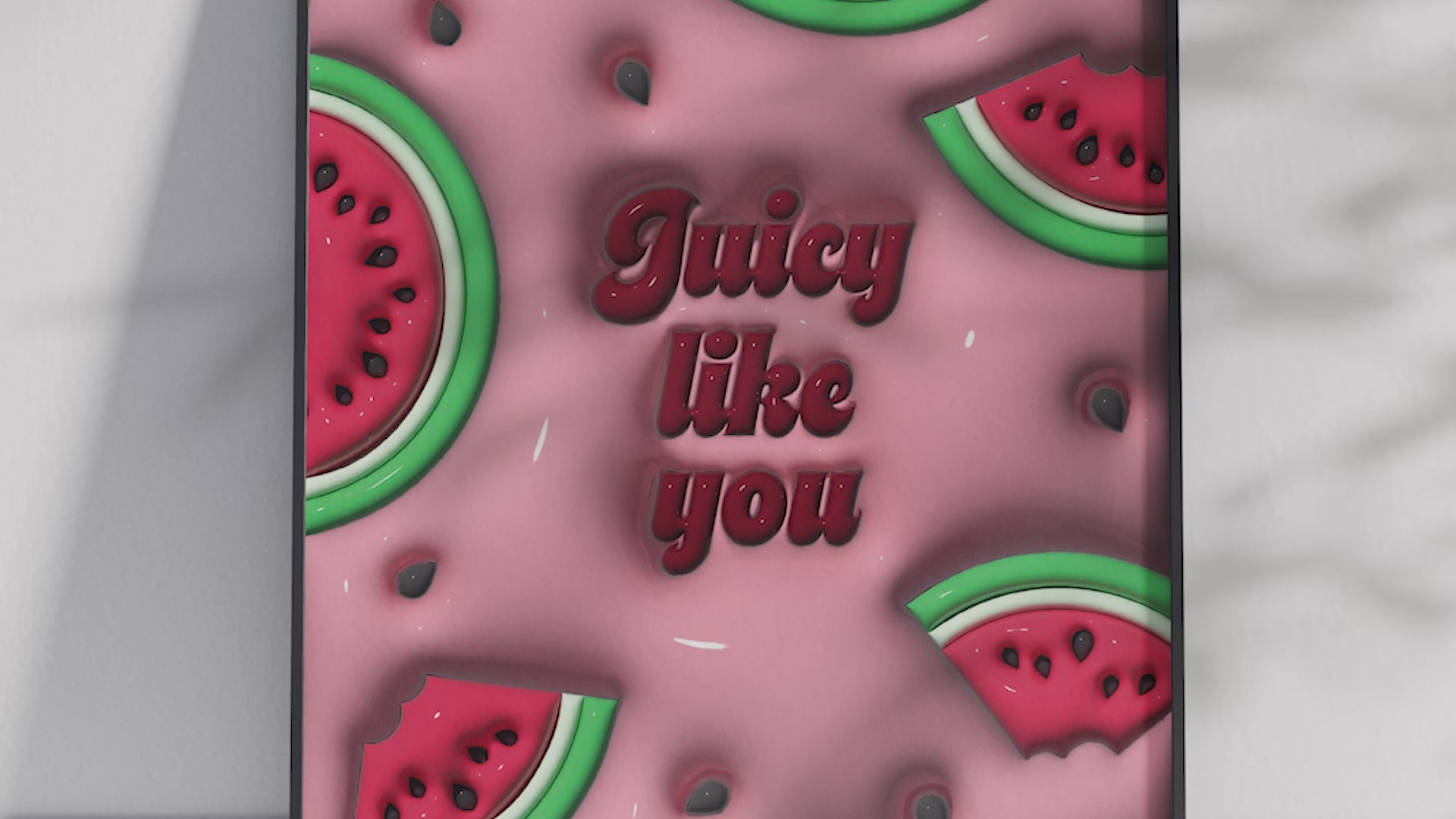 Vibrant 3D watermelon slice pop art poster with "Juicy Like You" text on a pink background, featuring scattered seeds and a dynamic design, printed on semi-gloss sustainable paper. Perfect wall art for modern kitchens, lively living spaces, or any interior desiring a colorful and fun aesthetic.