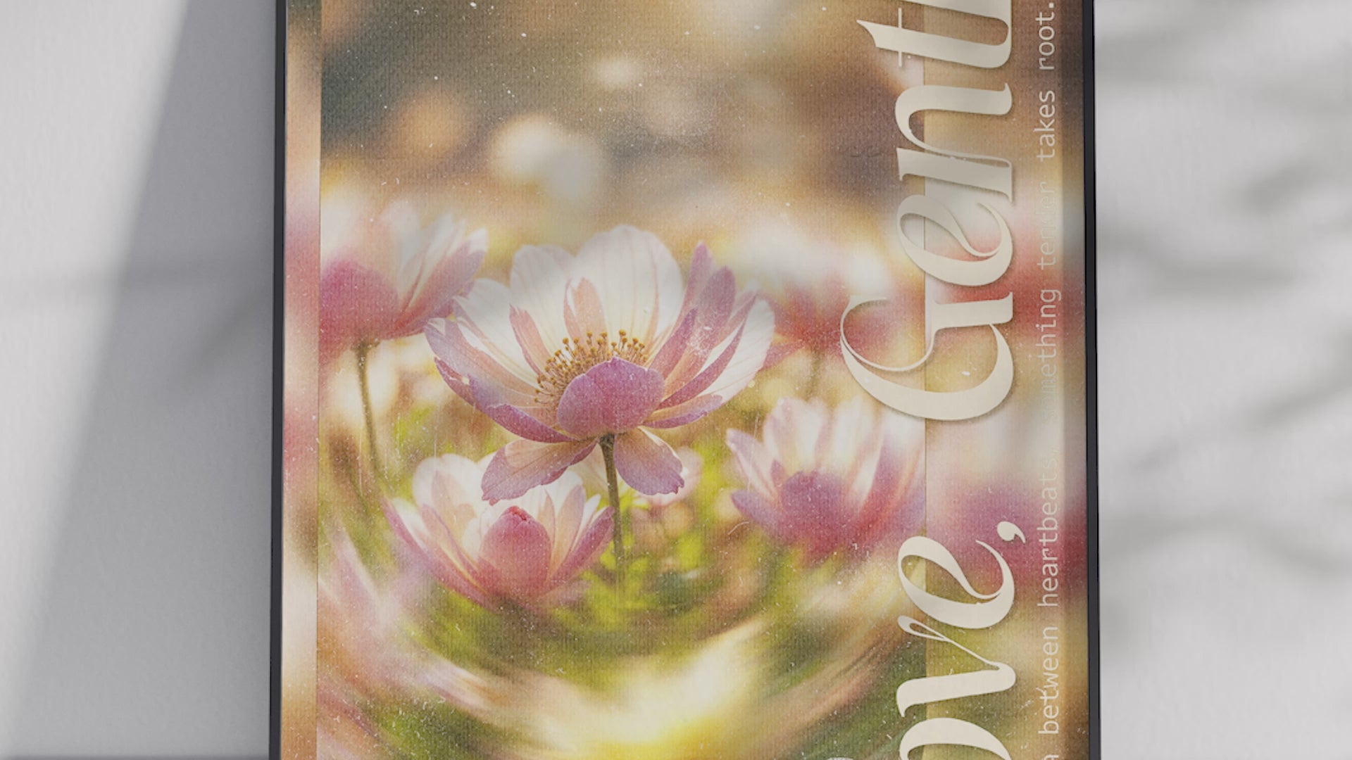 Soft pink floral poster featuring a dreamy, vintage-style image of water-kissed flowers and a gentle 'Love Gently' quote. Printed on semi-gloss paper, this emotional wall art is perfect for bedrooms, living rooms, or any modern interior seeking a calm, self-care aesthetic.