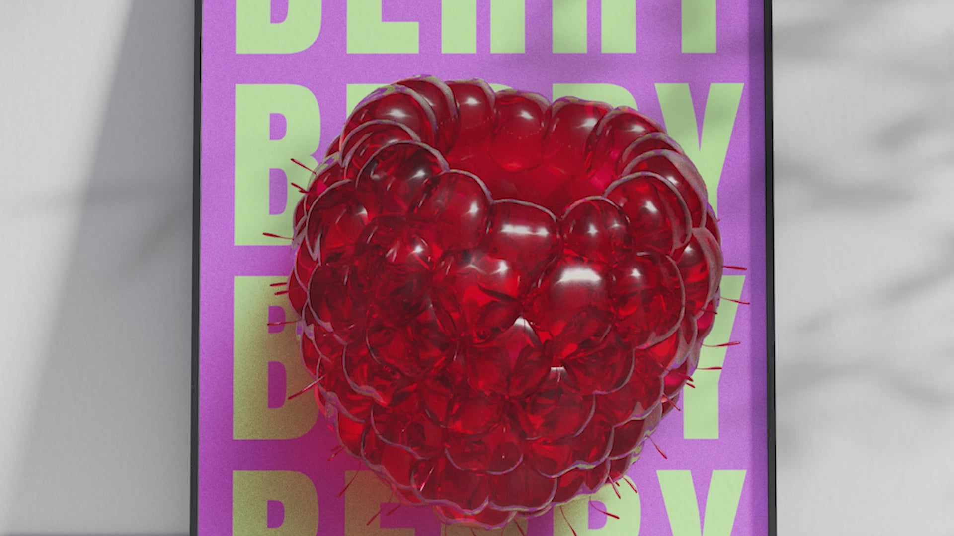 Bold pop art raspberry poster featuring a glossy red raspberry with a 3D glass effect on a vibrant purple and green background, printed on semi-gloss sustainable paper. Perfect wall art for kitchens, dining areas, or modern interiors with a playful and energetic aesthetic.