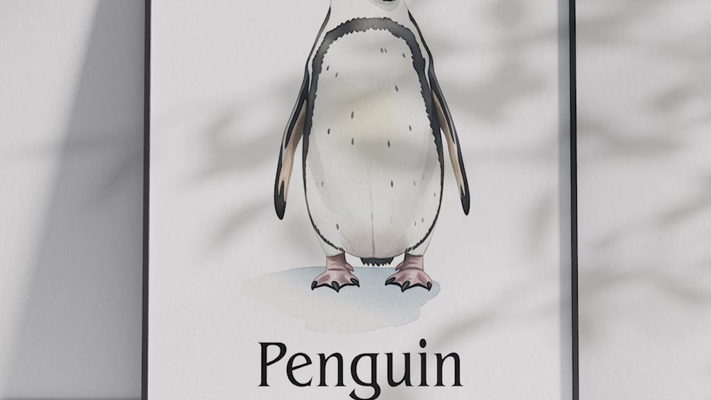 Detailed hand-illustrated Educational Penguin Animal Poster for the letter 'P', printed on semi-gloss sustainable paper. Perfect wall art for children's rooms, nurseries, or playrooms with an educational and nature-inspired aesthetic.