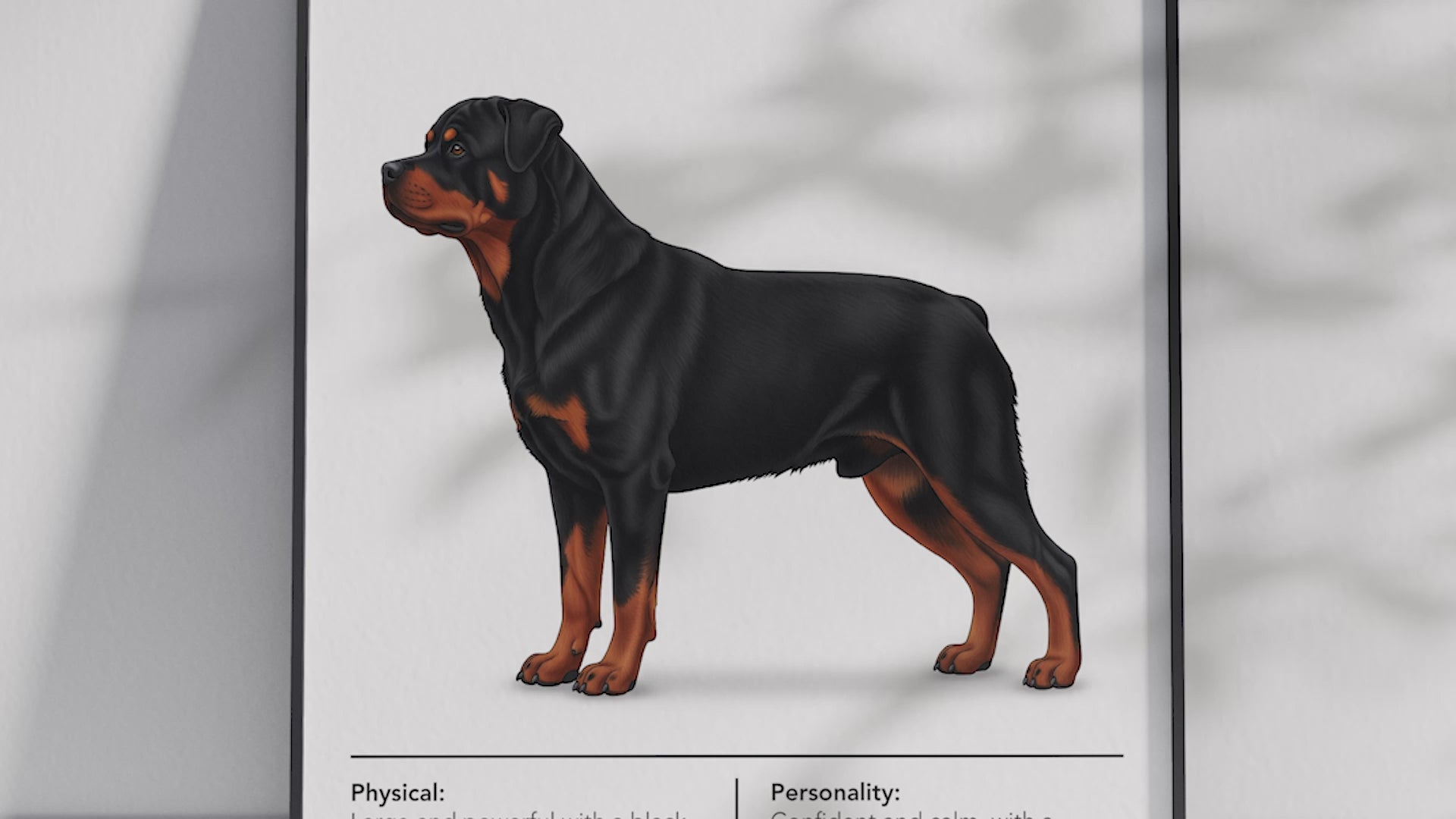 Detailed Rottweiler dog breed poster showcasing its robust build and courageous, loyal personality traits, printed on semi-gloss sustainable paper. Perfect wall art for studies, living rooms, or modern interiors with a powerful and dignified aesthetic.