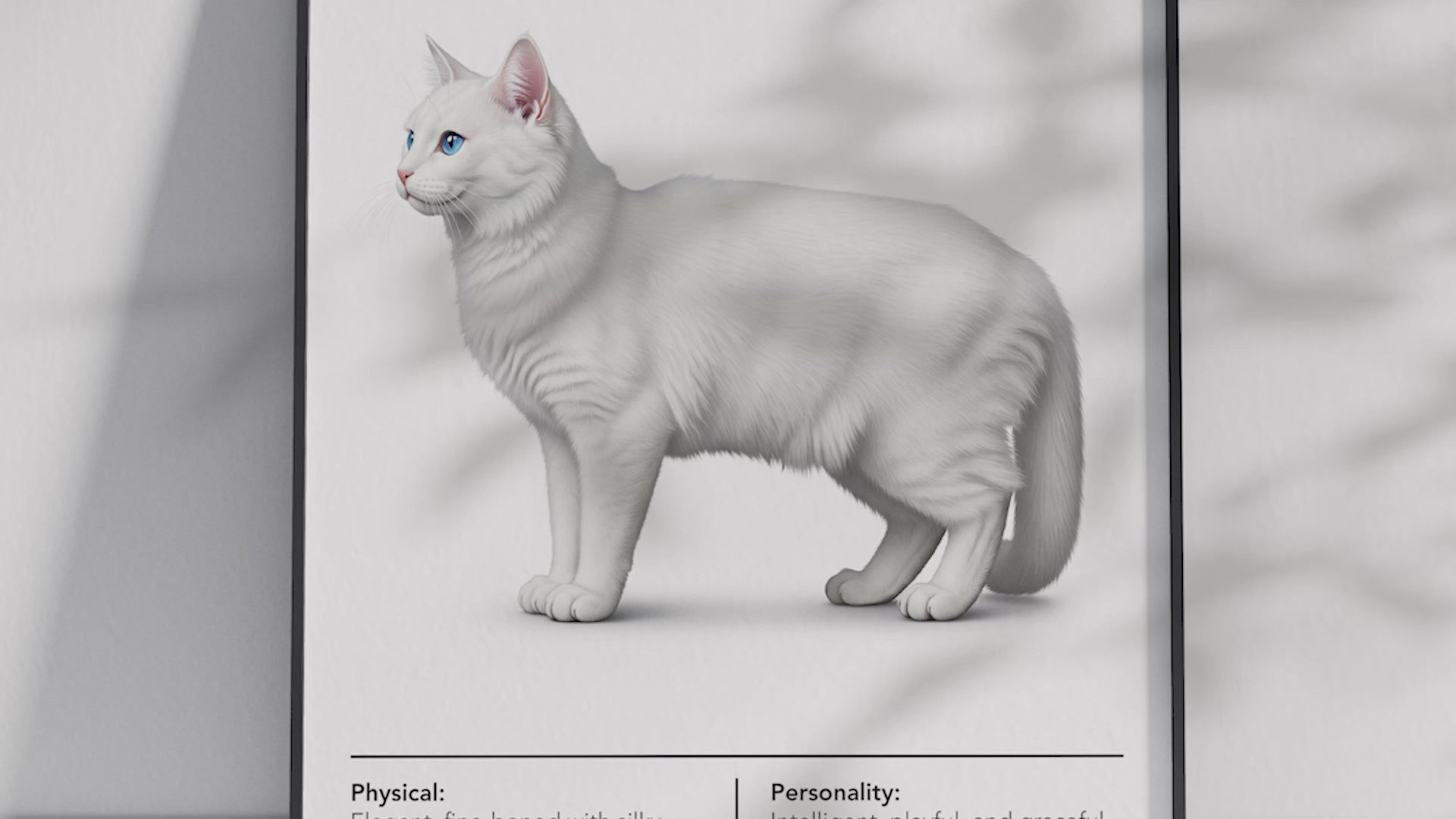 Elegant Turkish Angora cat breed poster featuring a detailed illustration of its silky white coat and striking odd-colored eyes, printed on semi-gloss sustainable paper. Perfect wall art for sophisticated living rooms, studies, or luxurious interiors with a graceful and refined aesthetic.