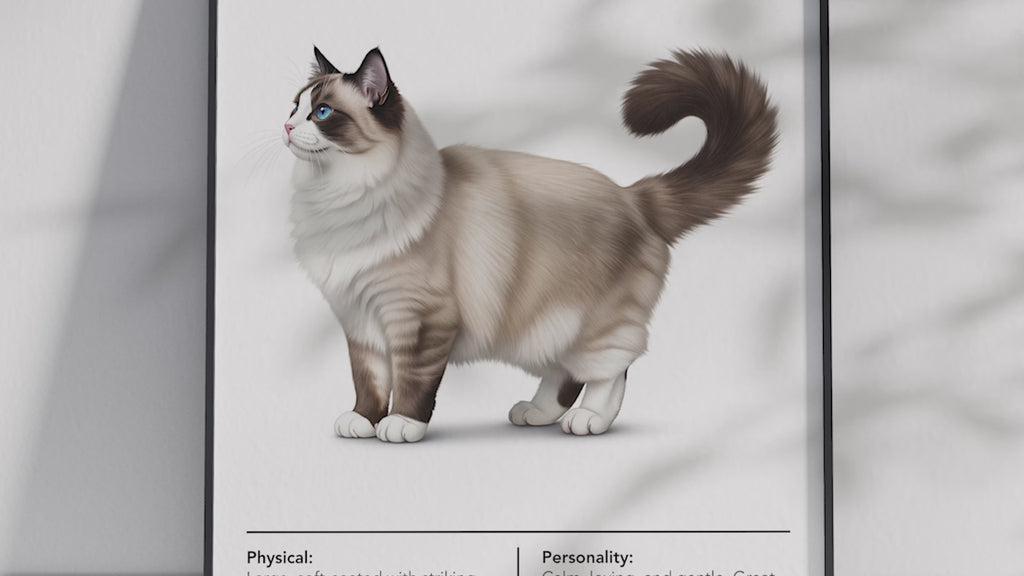 Gentle Ragdoll cat breed poster featuring a detailed illustration of its soft, semi-longhaired coat and striking blue eyes, printed on semi-gloss sustainable paper. Perfect wall art for cozy living rooms, peaceful bedrooms, or comforting interiors with a warm and affectionate aesthetic.