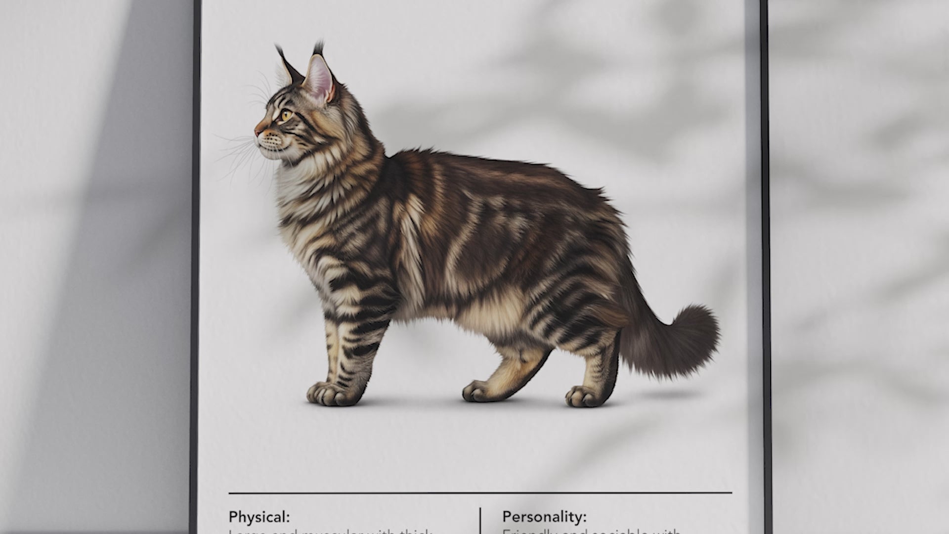 Majestic Maine Coon cat breed poster featuring a detailed illustration of the cat with its long shaggy coat and bushy tail, printed on semi-gloss sustainable paper. Perfect wall art for living rooms, dens, or rustic interiors with a cozy and natural aesthetic.