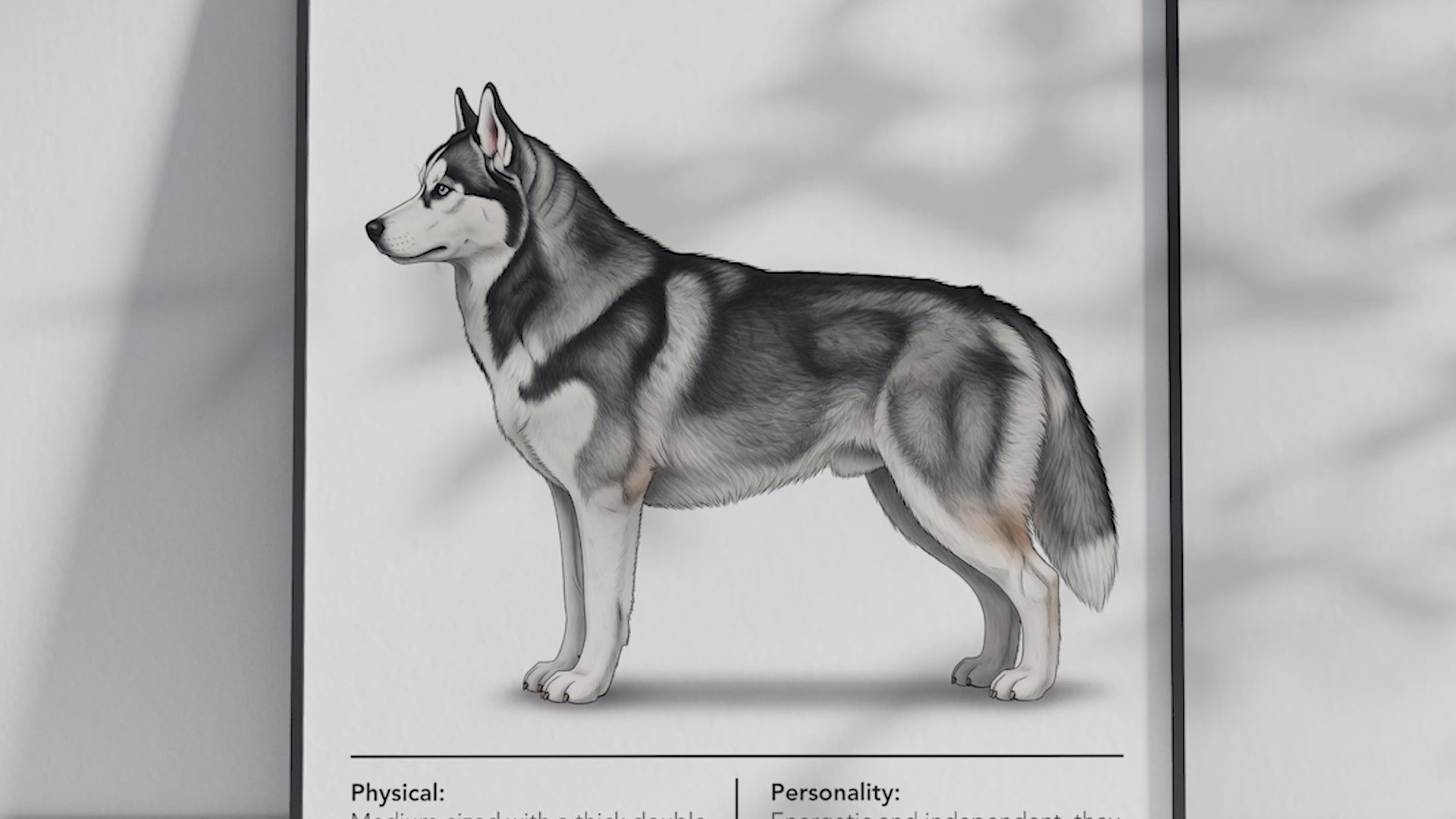 Detailed Siberian Husky dog breed poster showcasing its striking features and energetic, independent personality traits, printed on semi-gloss sustainable paper. Perfect wall art for living rooms, studies, or modern interiors with an adventurous and wild aesthetic.