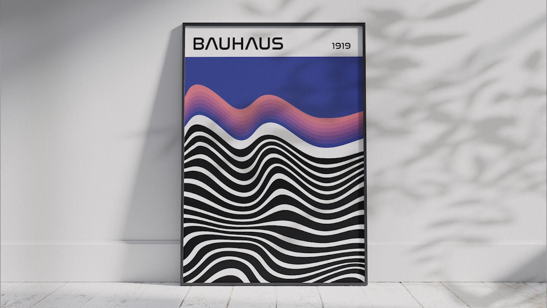 Modern Bauhaus abstract wave poster featuring black and white undulating lines and an orange and blue wave, with "BAUHAUS 1919" typography, printed on semi-gloss sustainable paper. Perfect wall art for living rooms, offices, or contemporary interiors with a bold and artistic aesthetic.