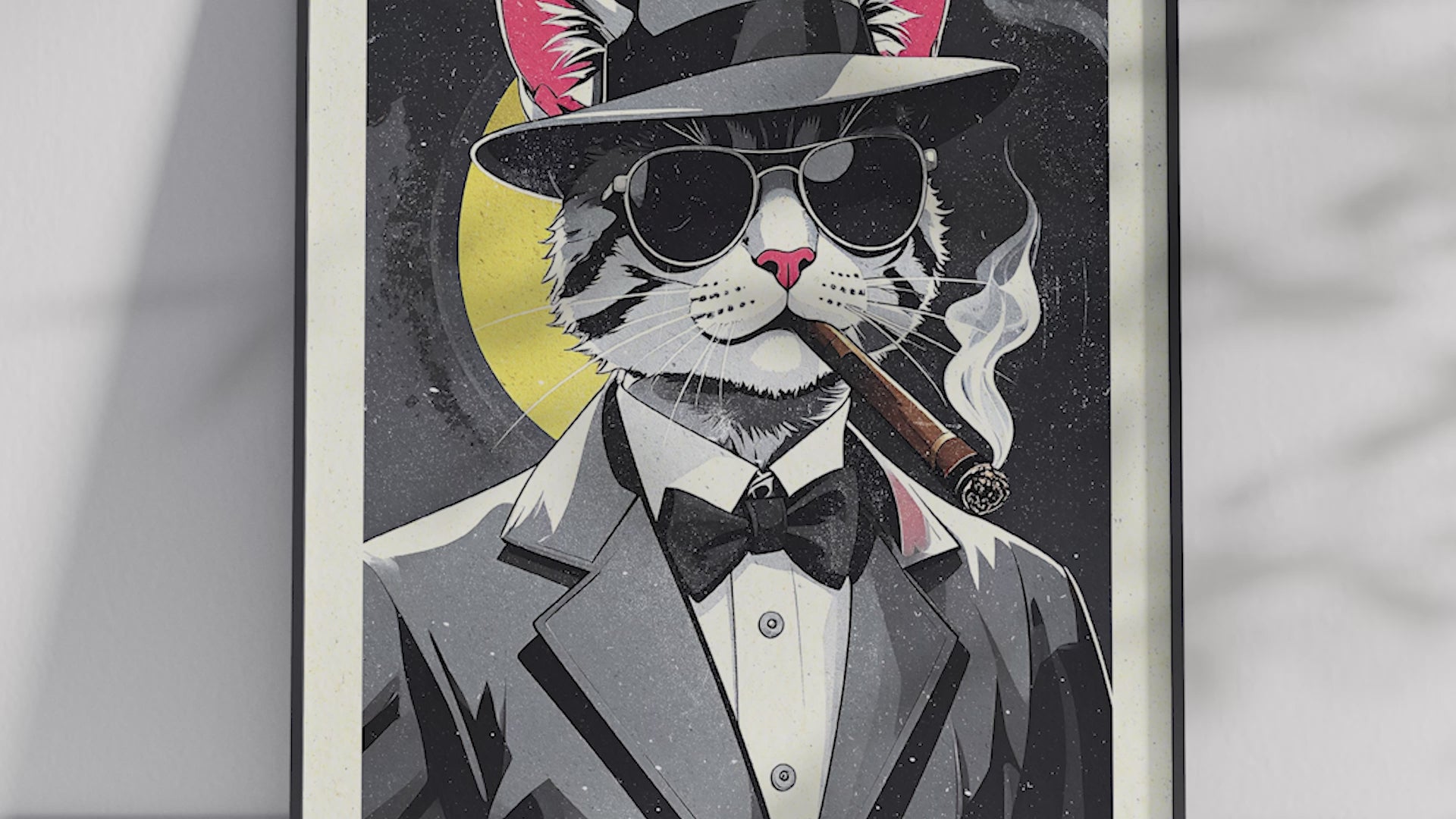 Bold art poster featuring a stylish cat wearing a suit and fedora, exuding a boss-like presence, printed on semi-gloss sustainable paper. Perfect wall art for offices, living rooms, or any space desiring a cool, sophisticated, or unique touch.