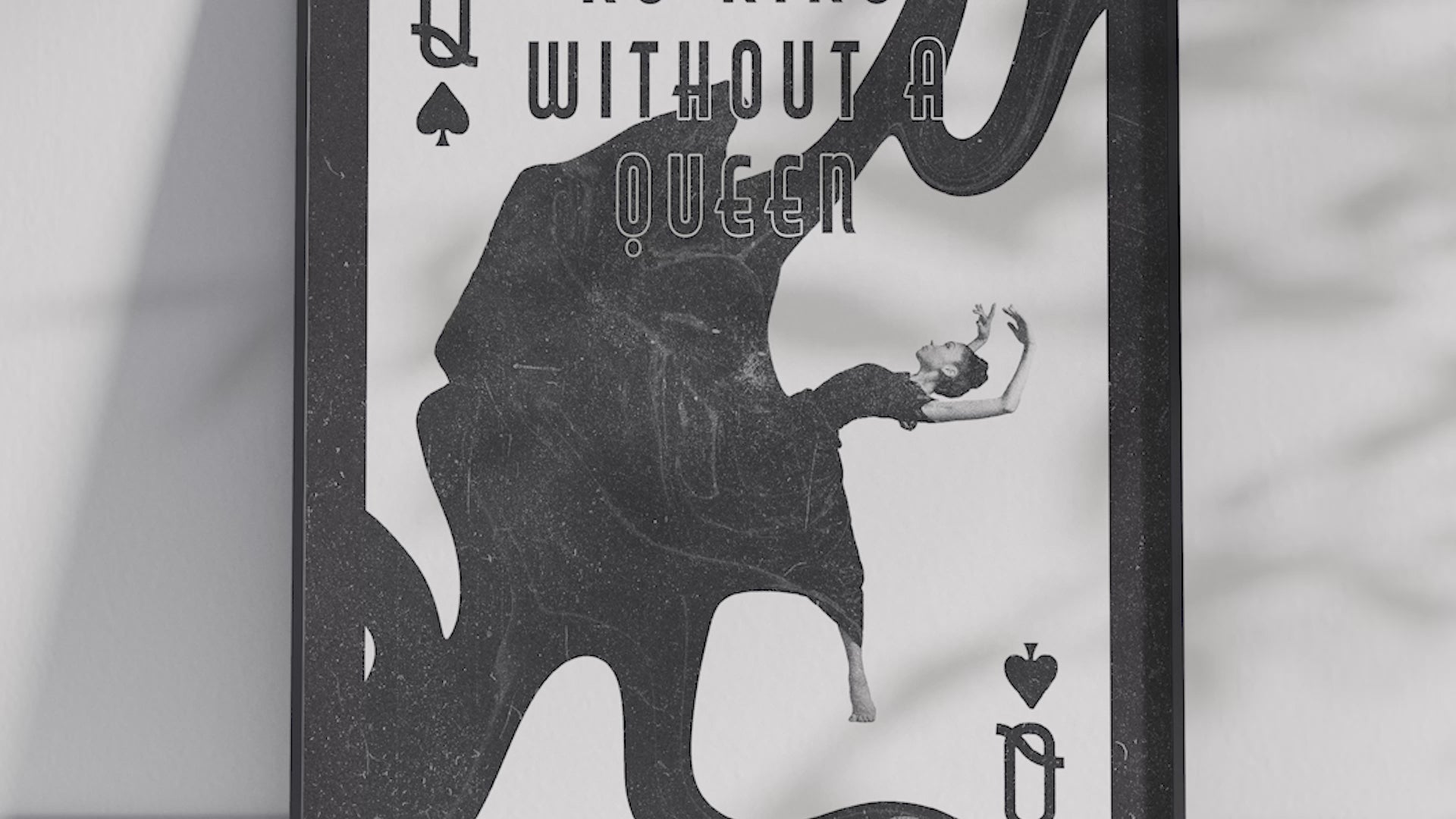 Minimalist monochrome queen playing card poster with a dramatic collage and empowering "No King Without a Queen" quote. Framed black and white wall art printed on semi-gloss paper. Perfect wall decor for modern interiors, bedrooms, or gallery walls with a bold aesthetic.