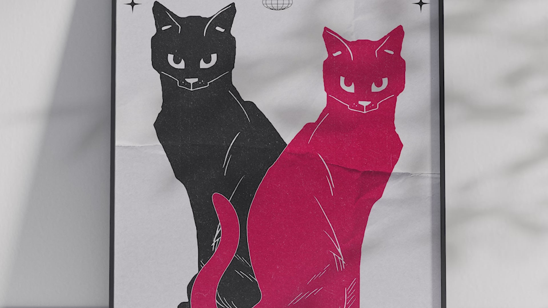 Modern black and red cat art poster with "Elegance in Mystery" text, featuring two stylized felines, printed on semi-gloss sustainable paper. Perfect wall art for living rooms, bedrooms, or contemporary interiors with a bold and enigmatic aesthetic.