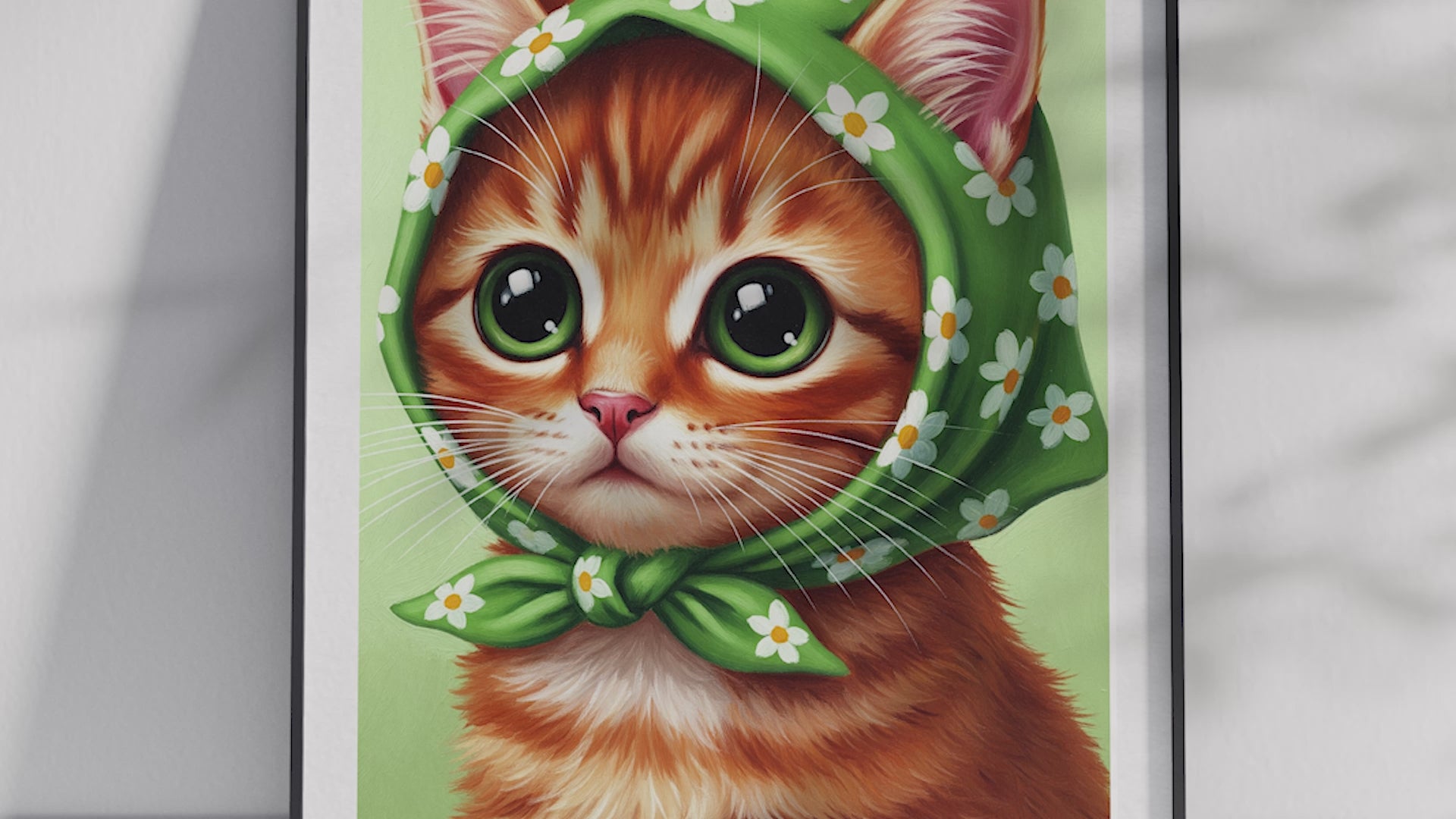 A single framed poster of a ginger kitten wearing a green, floral babushka scarf. This whimsical art print is ideal for a nursery, kid's room, or bedroom, adding a cozy and charming touch.