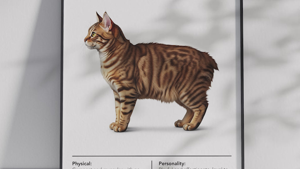 Charming Manx cat breed poster featuring a detailed illustration of the tailless cat with its distinctive hind legs, printed on semi-gloss sustainable paper. Perfect wall art for playful living rooms, children's rooms, or cozy interiors with a unique and affectionate aesthetic.