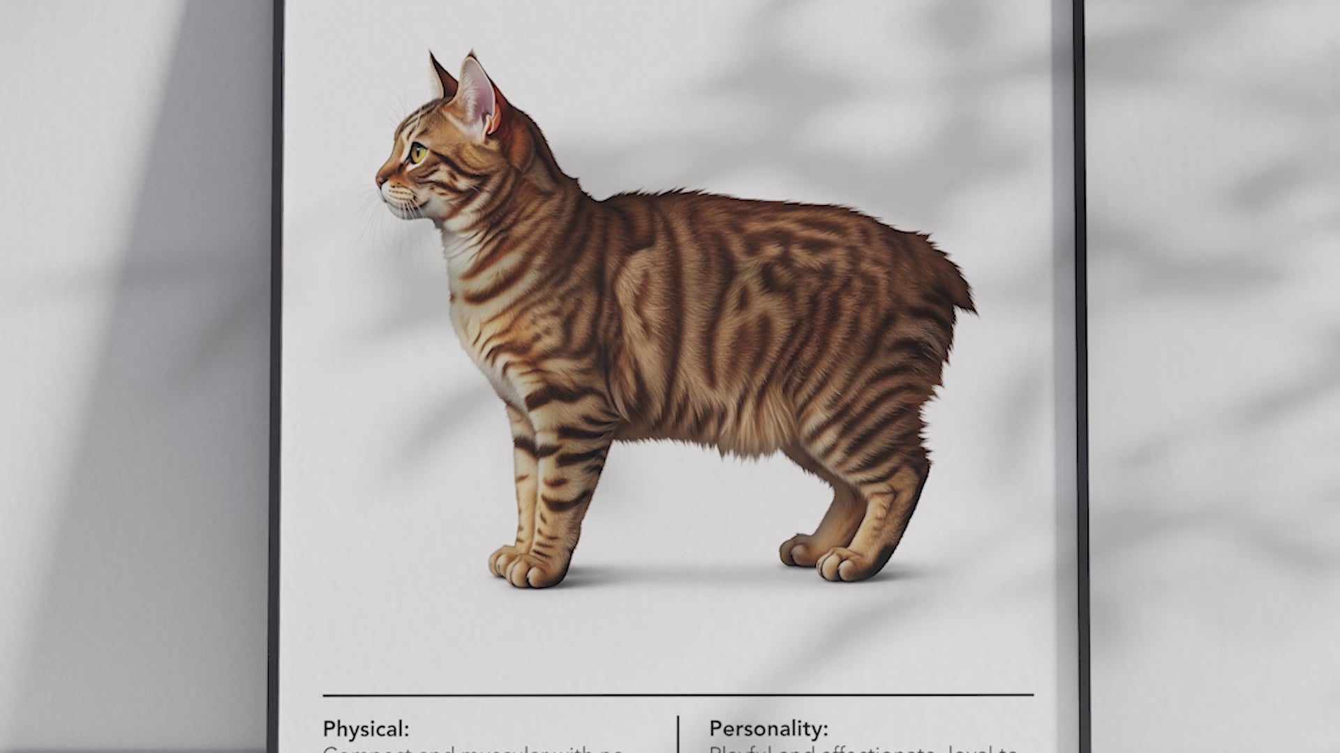 Charming Manx cat breed poster featuring a detailed illustration of the tailless cat with its distinctive hind legs, printed on semi-gloss sustainable paper. Perfect wall art for playful living rooms, children's rooms, or cozy interiors with a unique and affectionate aesthetic.