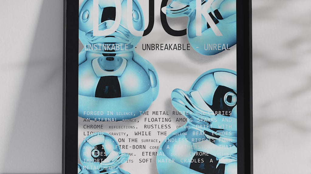 Vibrant metallic rubber duck poster featuring a glossy and reflective illustration in various colors. This modern pop art print is perfect for adding a bold and playful statement to living rooms, offices, or minimalist interiors.