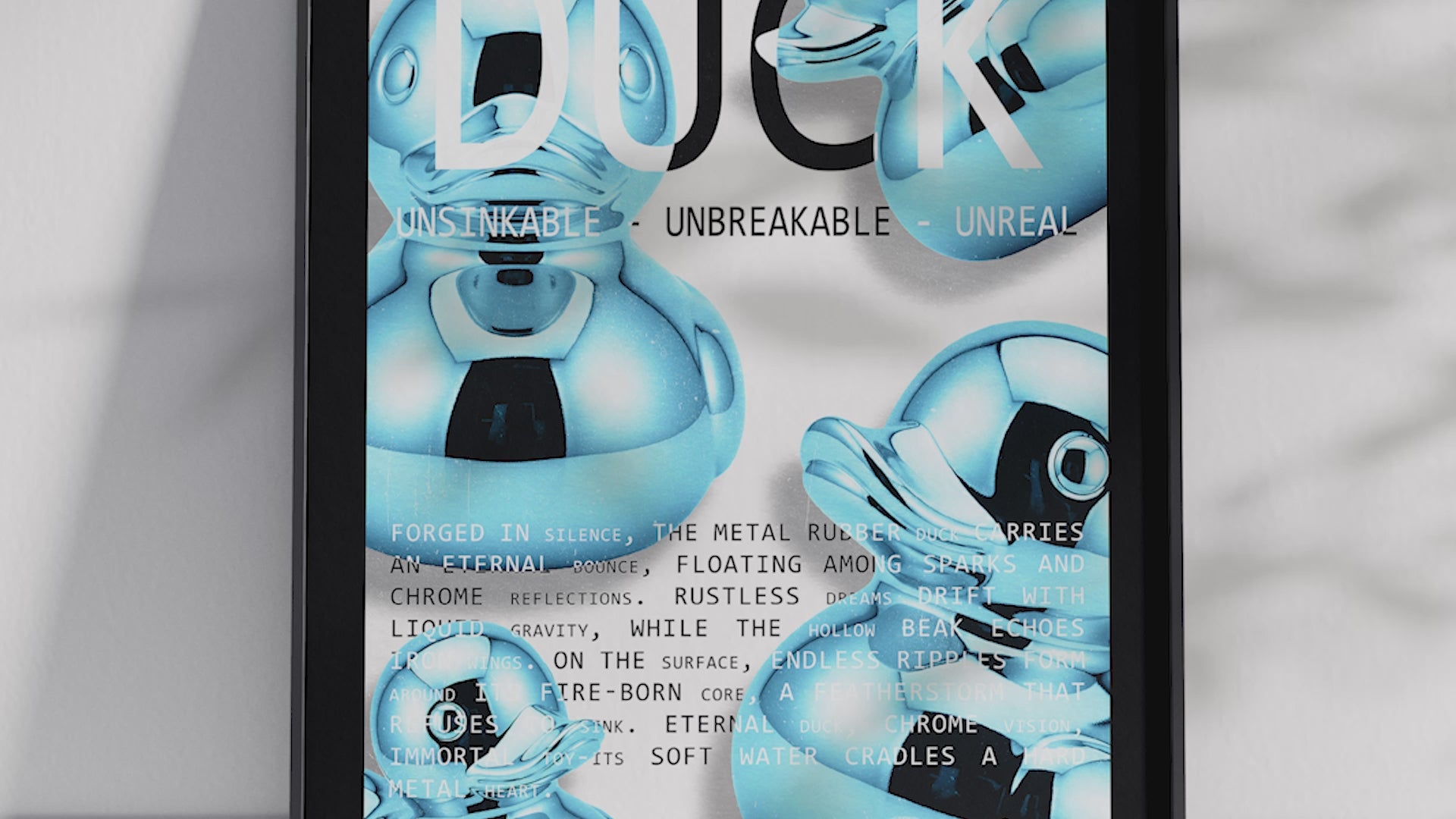 Vibrant metallic rubber duck poster featuring a glossy and reflective illustration in various colors. This modern pop art print is perfect for adding a bold and playful statement to living rooms, offices, or minimalist interiors.