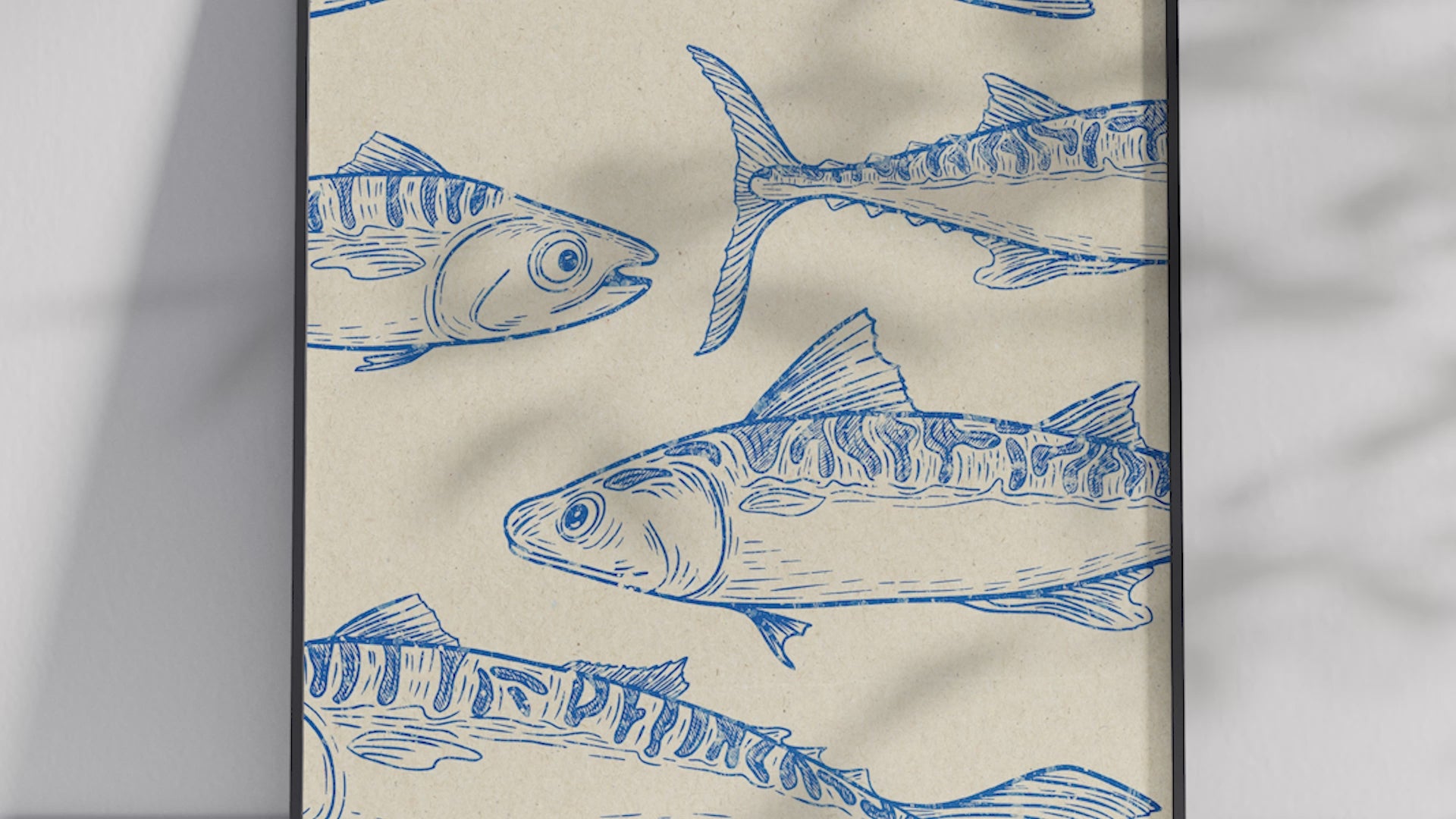 Vibrant coastal mackerel poster featuring detailed blue fish illustrations in a dynamic composition, printed on semi-gloss sustainable paper. Perfect wall art for kitchens, dining areas, or modern coastal interiors with a fresh and lively marine aesthetic.