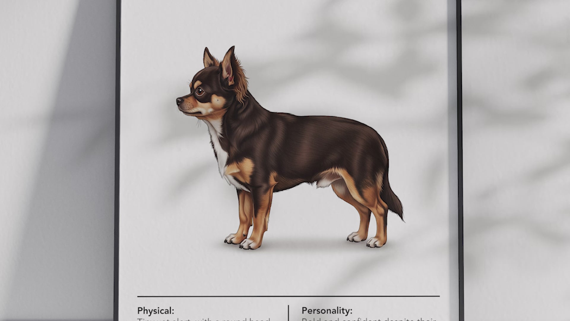 Detailed Chihuahua dog breed poster showcasing its small size and bold, devoted personality traits, printed on semi-gloss sustainable paper. Perfect wall art for living rooms, bedrooms, or modern interiors with a spirited and charming aesthetic.