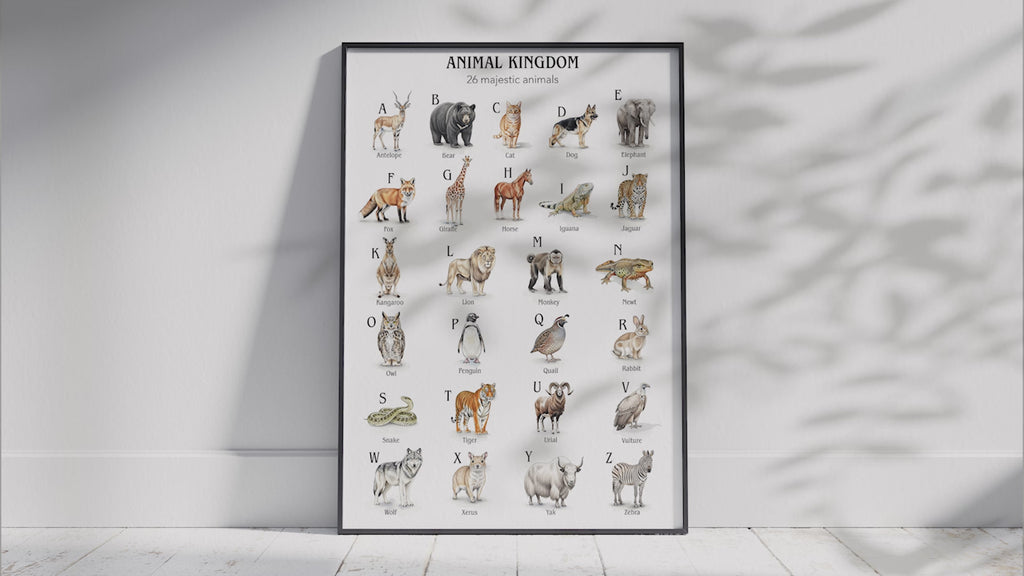 Explore our unique A-Z animal poster collection! Featuring one comprehensive alphabet poster and 26 individual animal prints. Perfect for learning & kids' rooms.