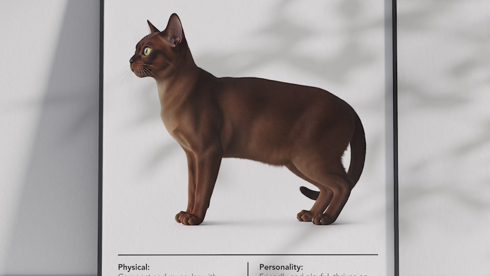 Charming Burmese cat breed poster featuring a detailed illustration of the cat with its sleek coat and expressive golden eyes, printed on semi-gloss sustainable paper. Perfect wall art for living rooms, studies, or modern interiors with a sophisticated and inviting aesthetic.