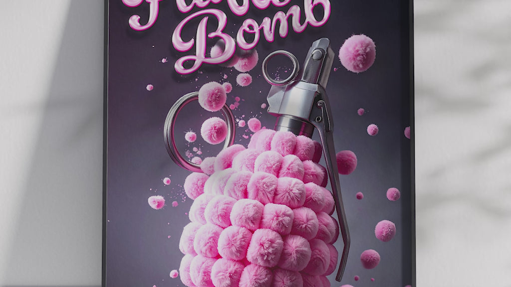 Vibrant "Fluffy Bomb" pink explosion art poster featuring a unique grenade-like object emitting pink fluffy spheres, printed on semi-gloss sustainable paper. Perfect wall art for modern spaces, teen rooms, or anyone seeking quirky and playful decor.