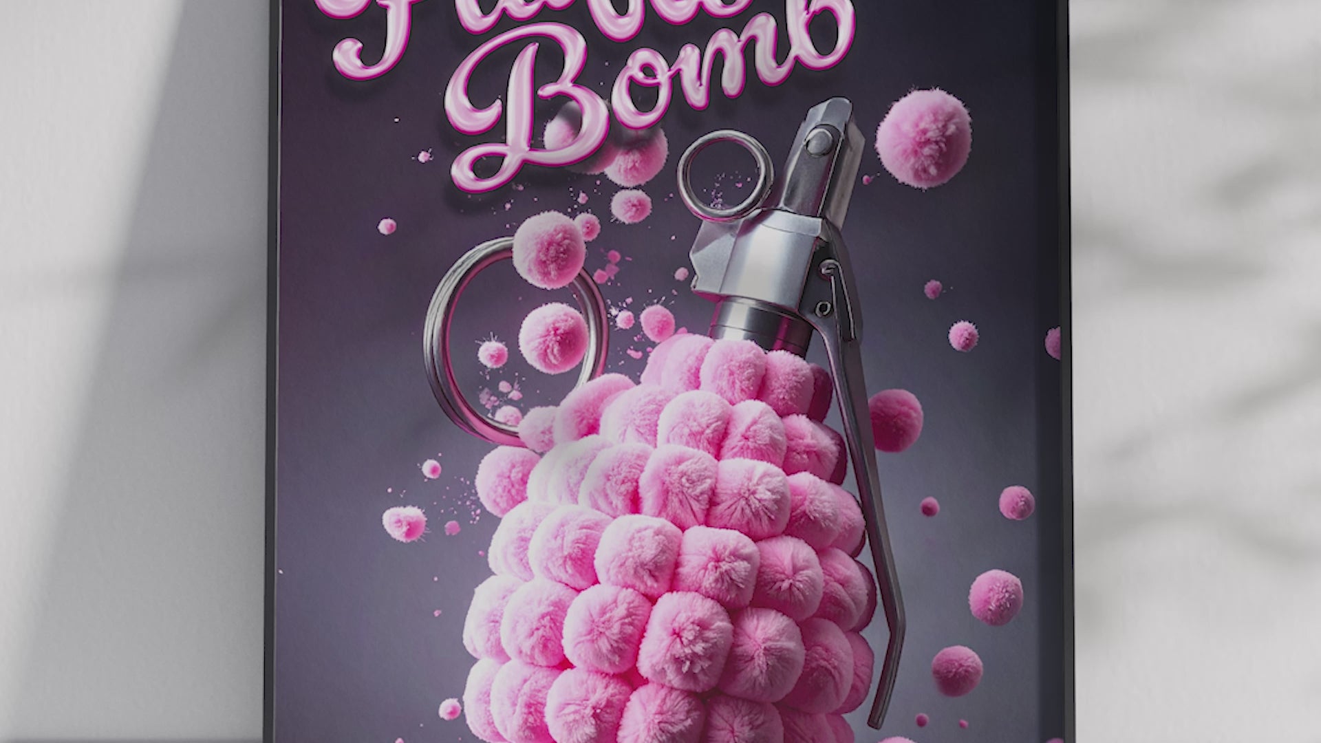 Vibrant "Fluffy Bomb" pink explosion art poster featuring a unique grenade-like object emitting pink fluffy spheres, printed on semi-gloss sustainable paper. Perfect wall art for modern spaces, teen rooms, or anyone seeking quirky and playful decor.