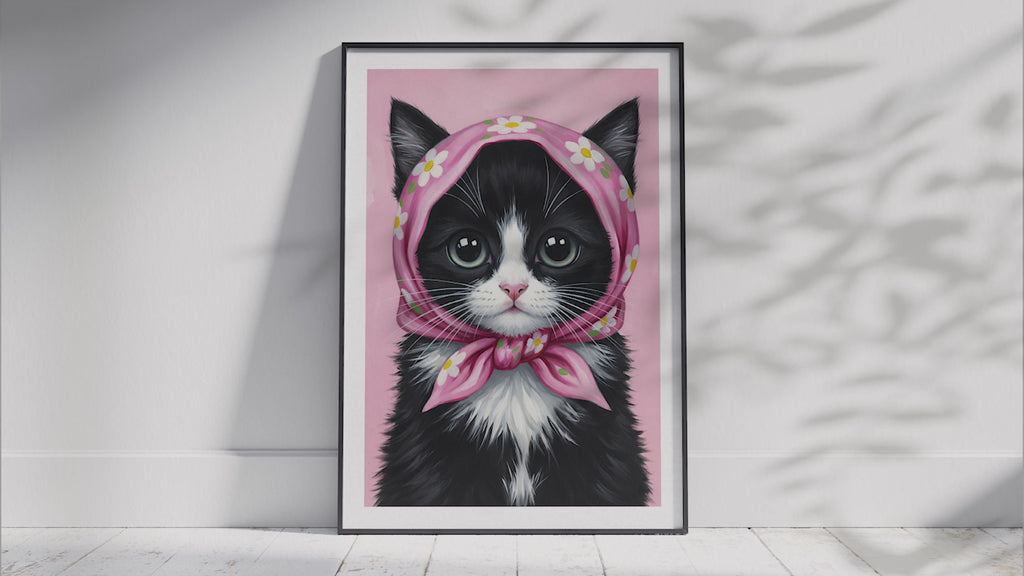 Three framed posters side-by-side, each featuring a different watercolor kitten wearing a floral babushka headscarf. From left to right: a tabby kitten in a blue scarf, a black and white kitten in a pink scarf, and a ginger kitten in a green scarf.